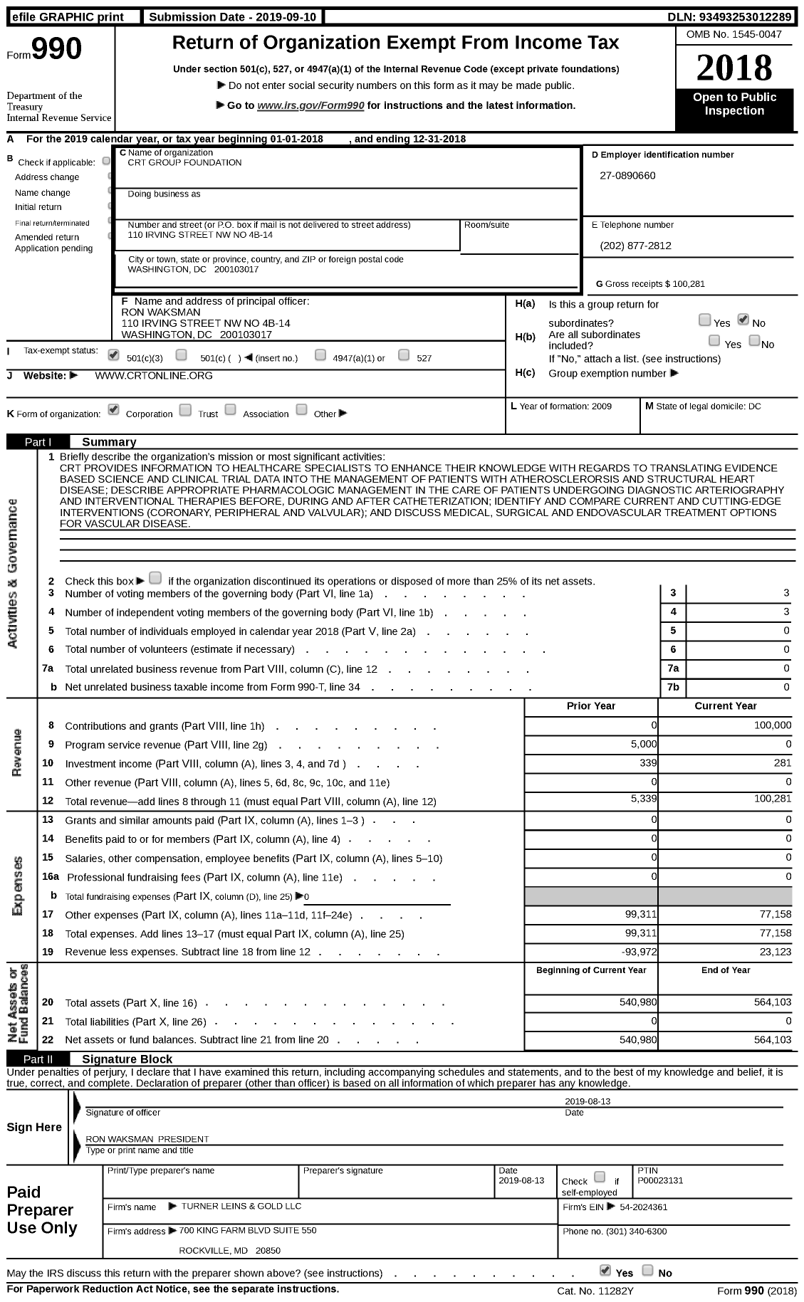 Image of first page of 2018 Form 990 for CRT Group Foundation