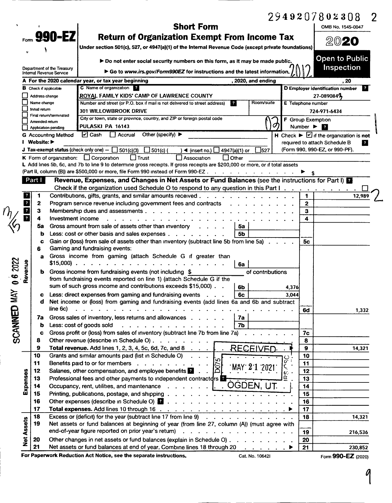 Image of first page of 2020 Form 990EZ for Royal Family Kids' Camp of Lawrence County