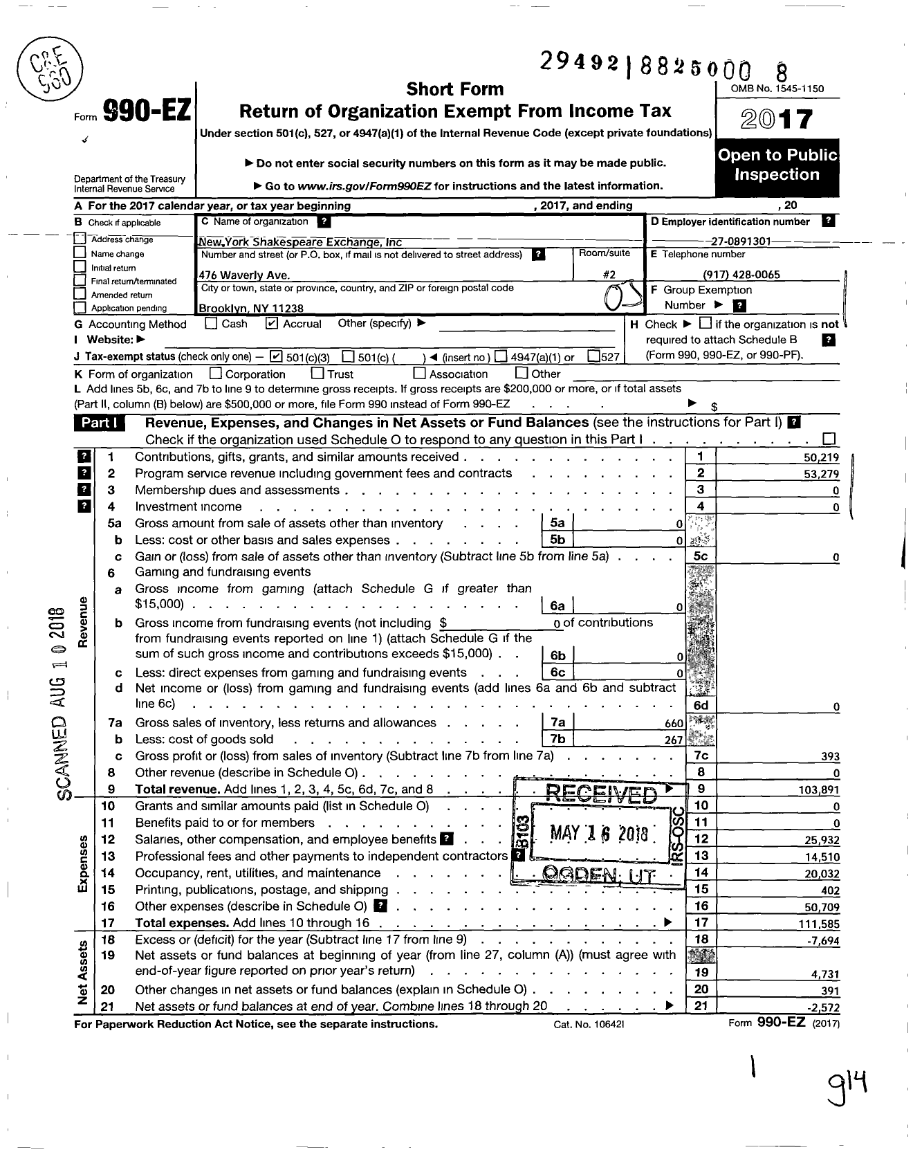 Image of first page of 2017 Form 990EZ for New York Shakespeare Exchange