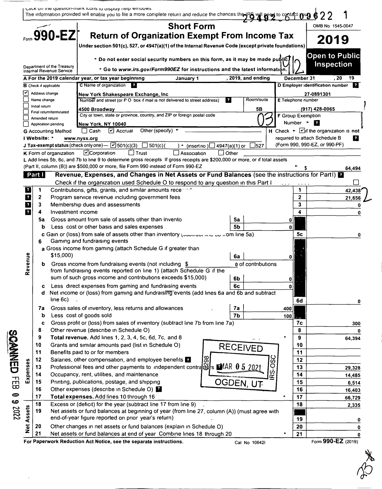 Image of first page of 2019 Form 990EZ for New York Shakespeare Exchange