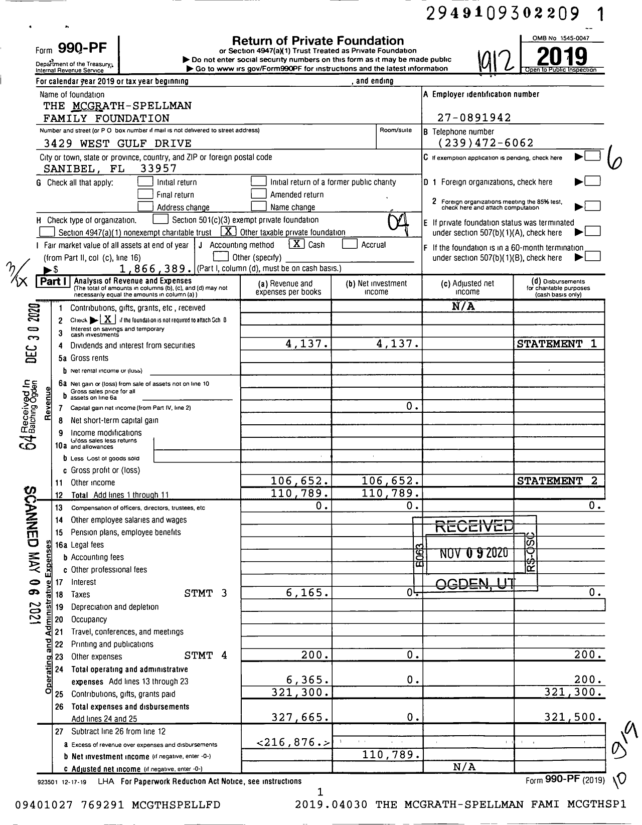 Image of first page of 2019 Form 990PF for The Mcgrath-Spellman Family Foundation