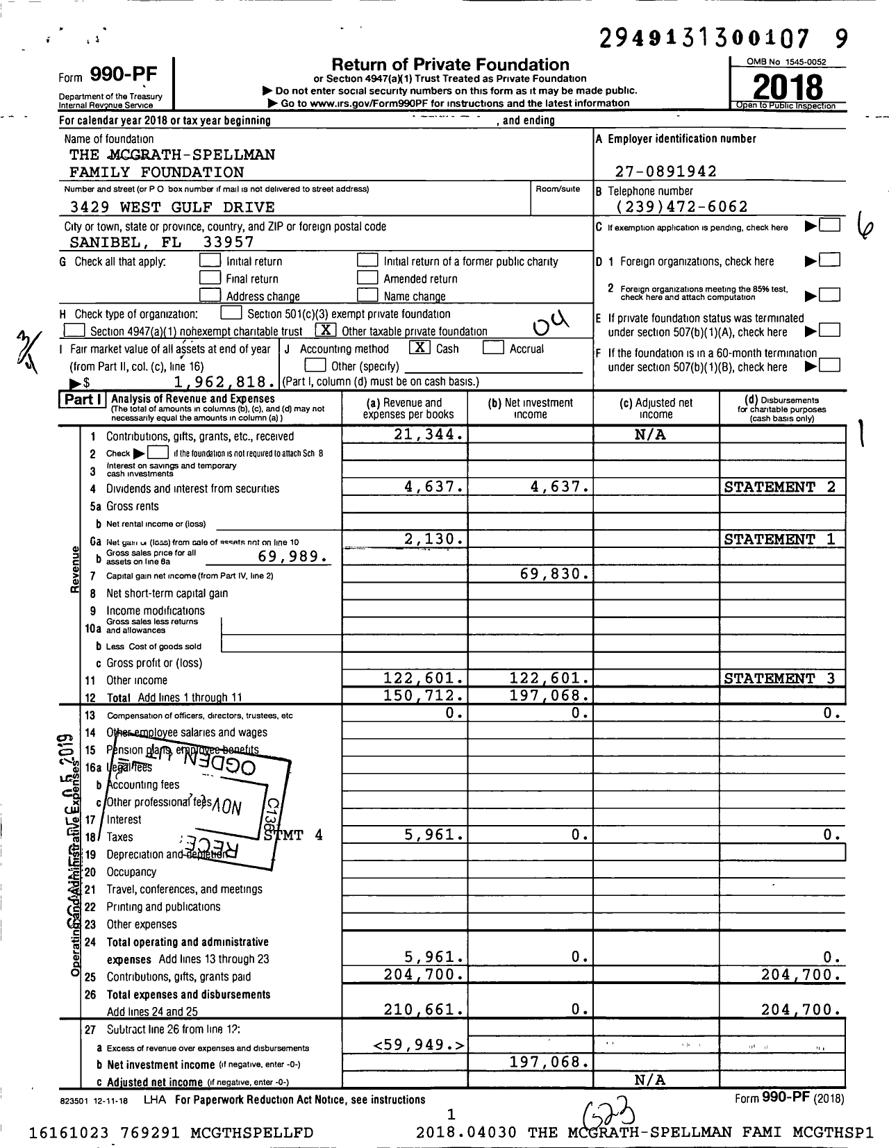 Image of first page of 2018 Form 990PF for The Mcgrath-Spellman Family Foundation