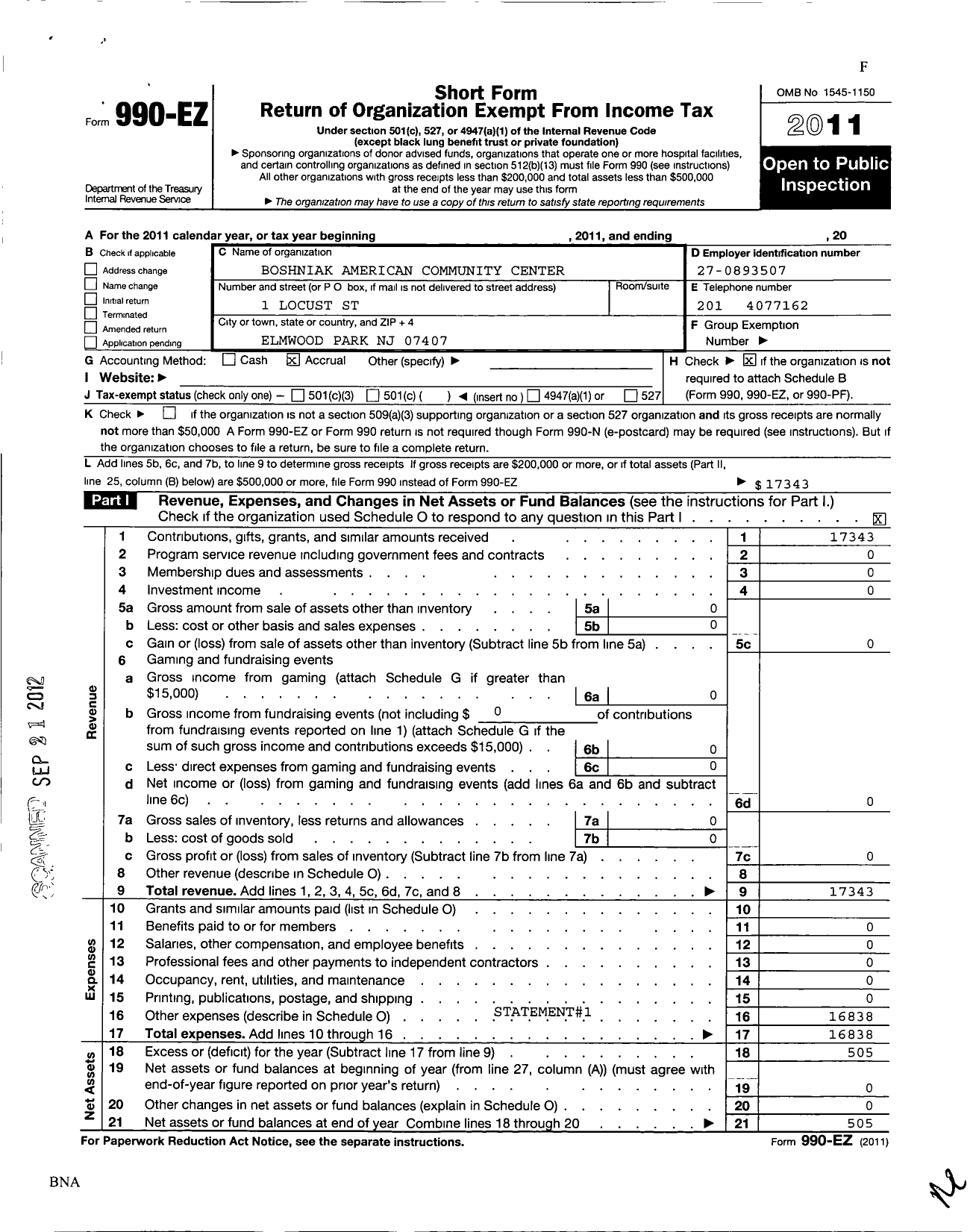 Image of first page of 2011 Form 990EZ for Boshniak American Community Center