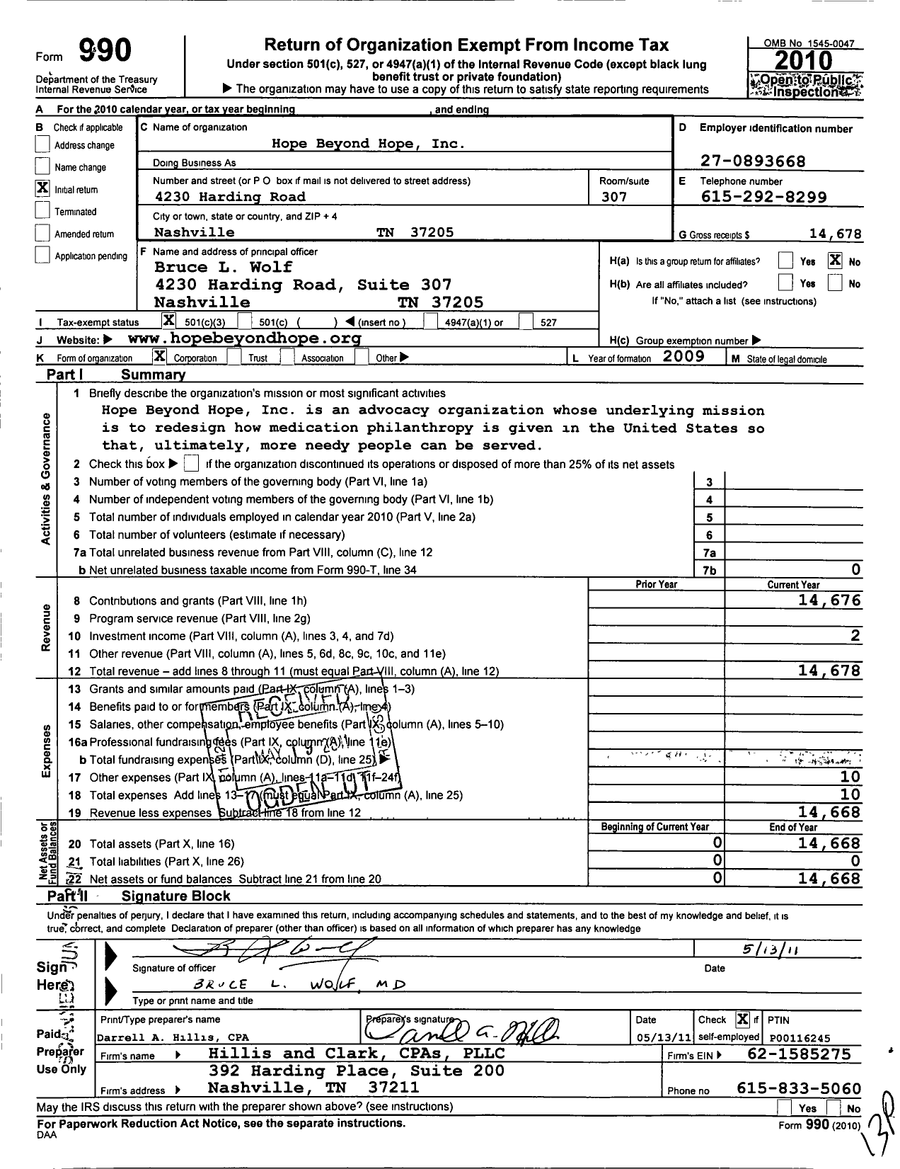 Image of first page of 2010 Form 990 for Hope Beyond Hope