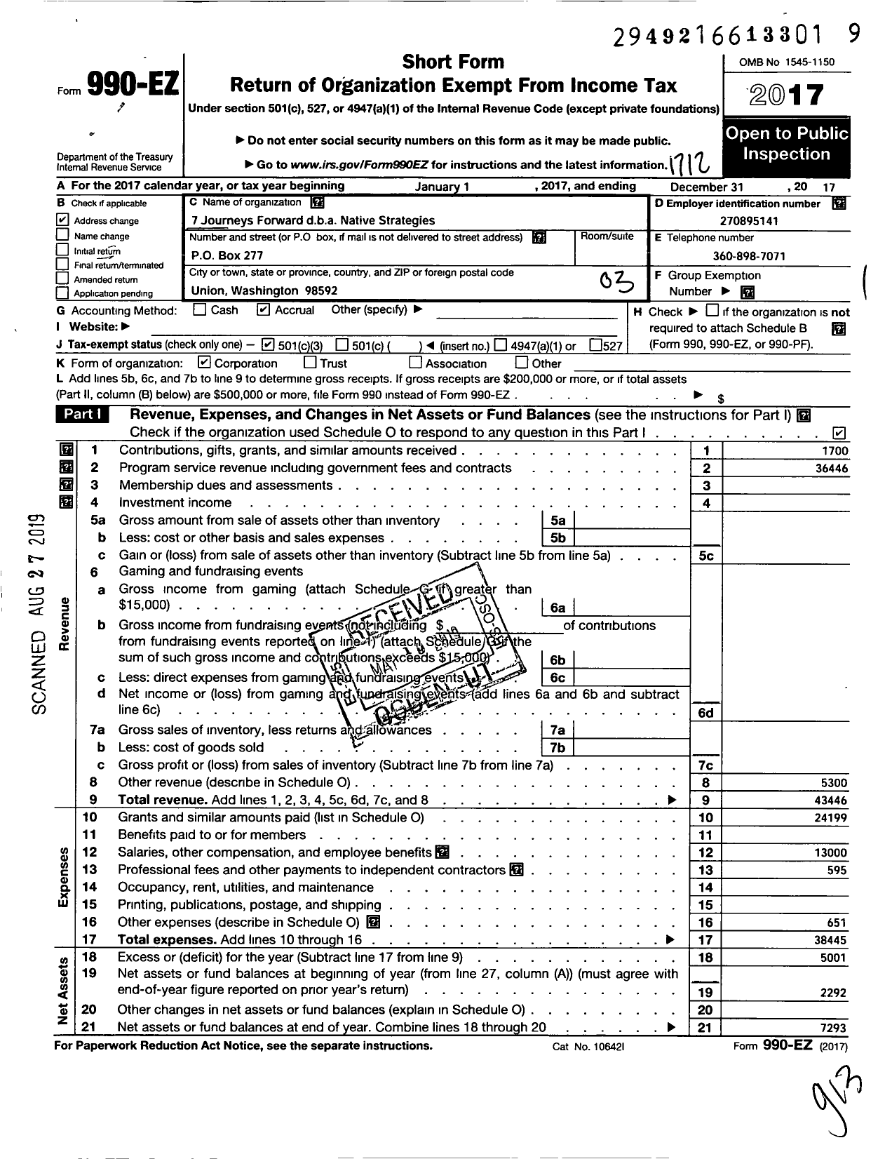 Image of first page of 2017 Form 990EZ for 7 Journeys Forward