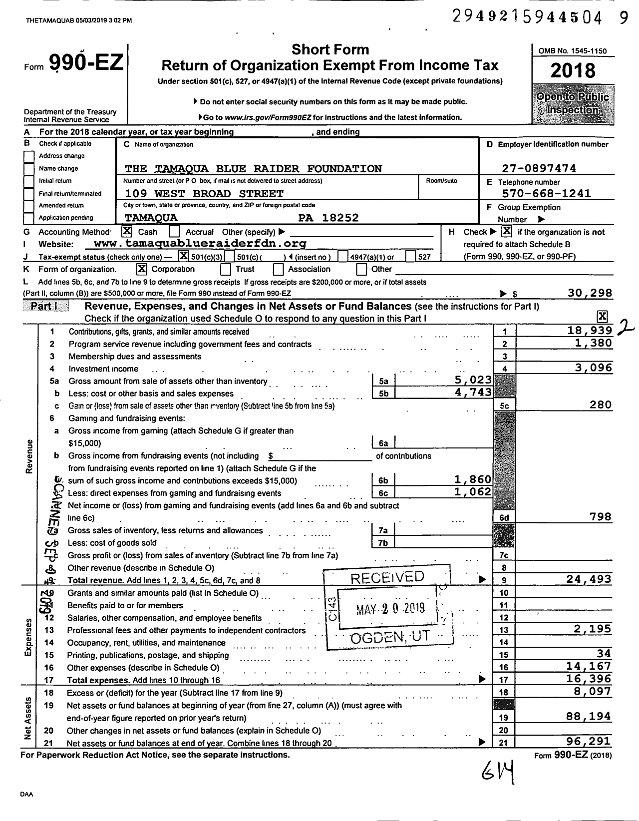 Image of first page of 2018 Form 990EZ for Tamaqua Blue Raider Foundation