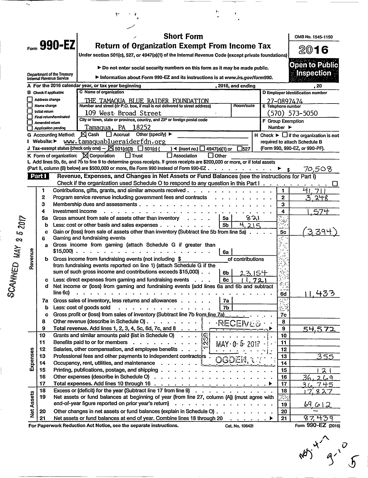 Image of first page of 2016 Form 990EZ for Tamaqua Blue Raider Foundation