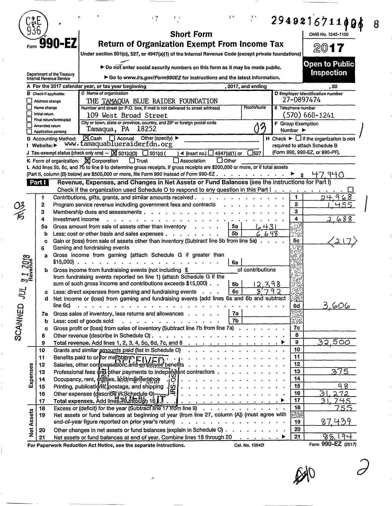 Image of first page of 2017 Form 990EZ for Tamaqua Blue Raider Foundation