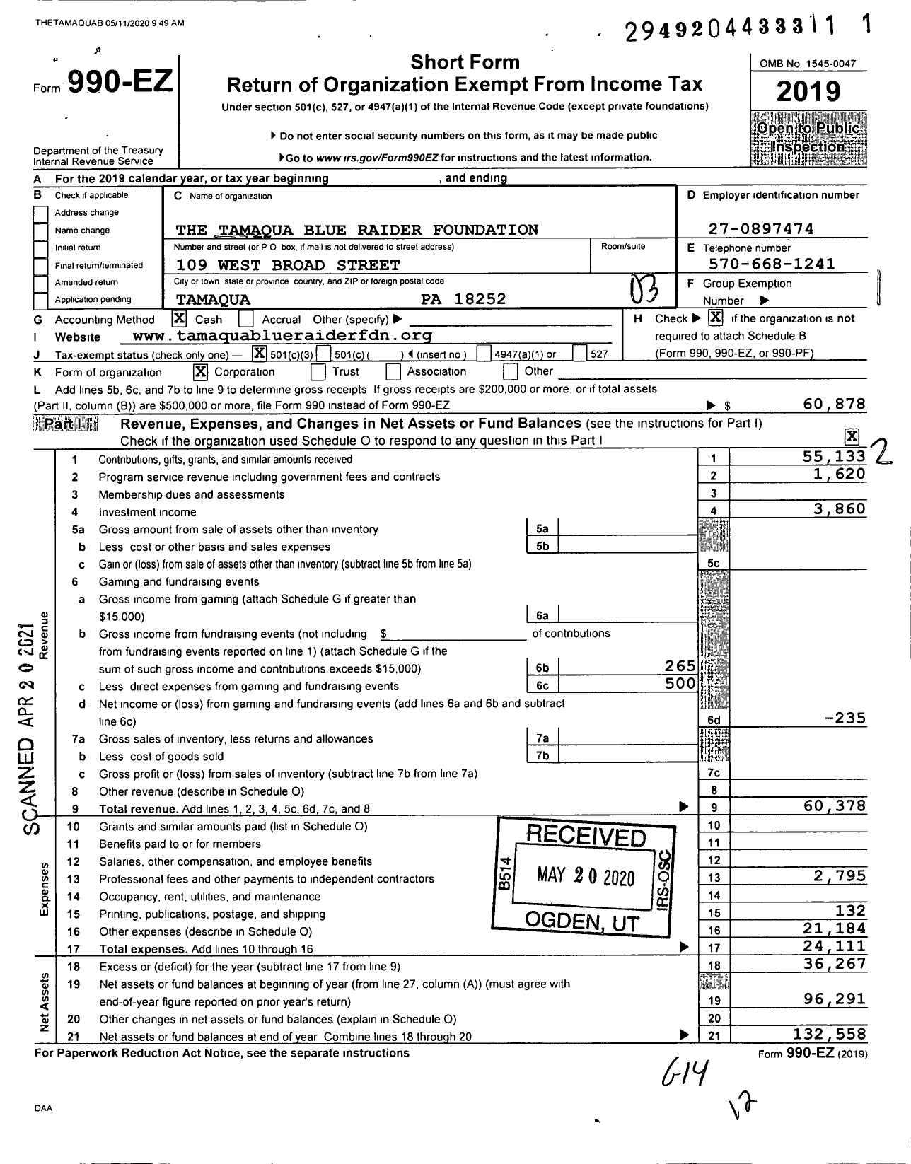 Image of first page of 2019 Form 990EZ for Tamaqua Blue Raider Foundation