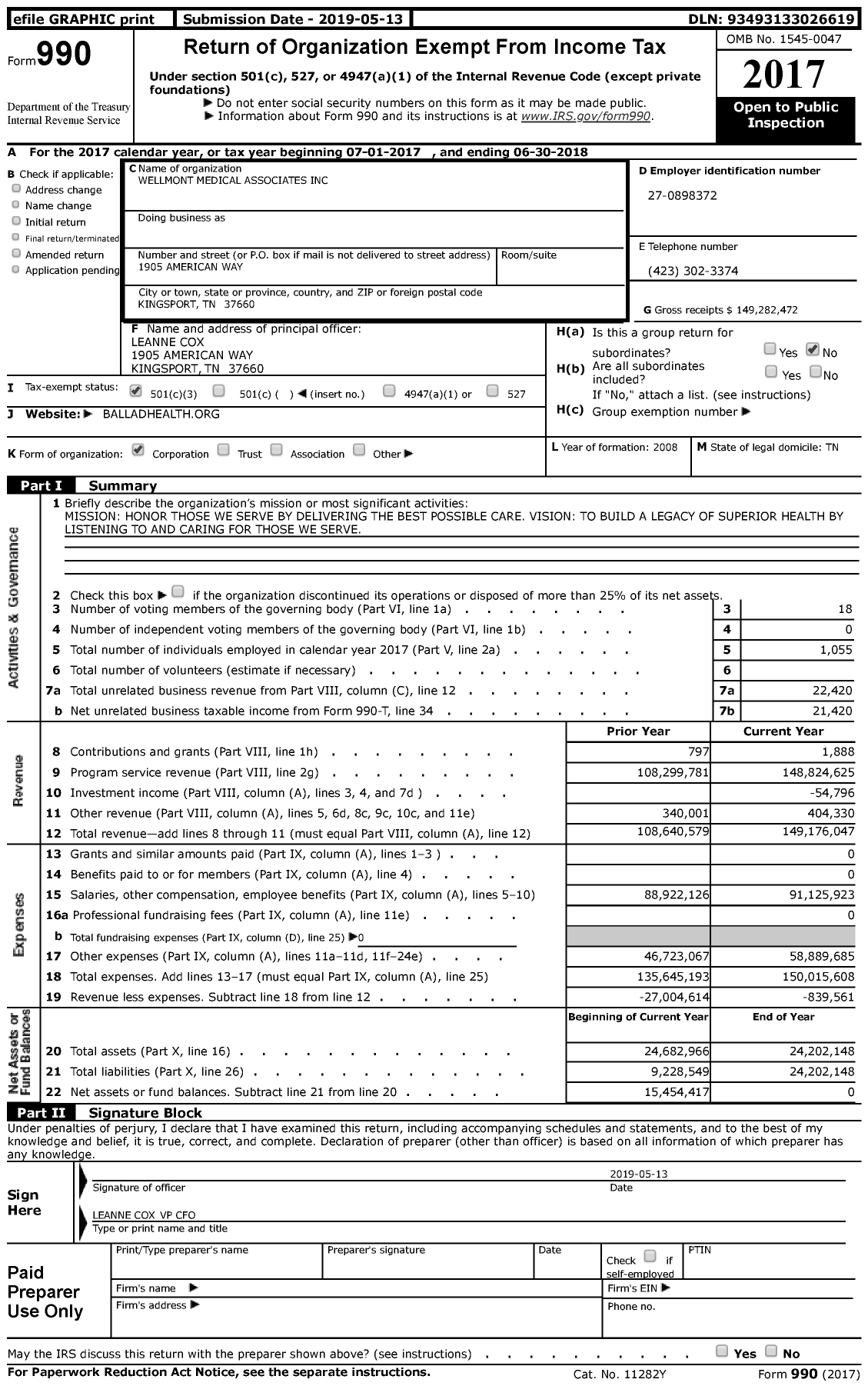 Image of first page of 2017 Form 990 for Wellmont Medical Associates