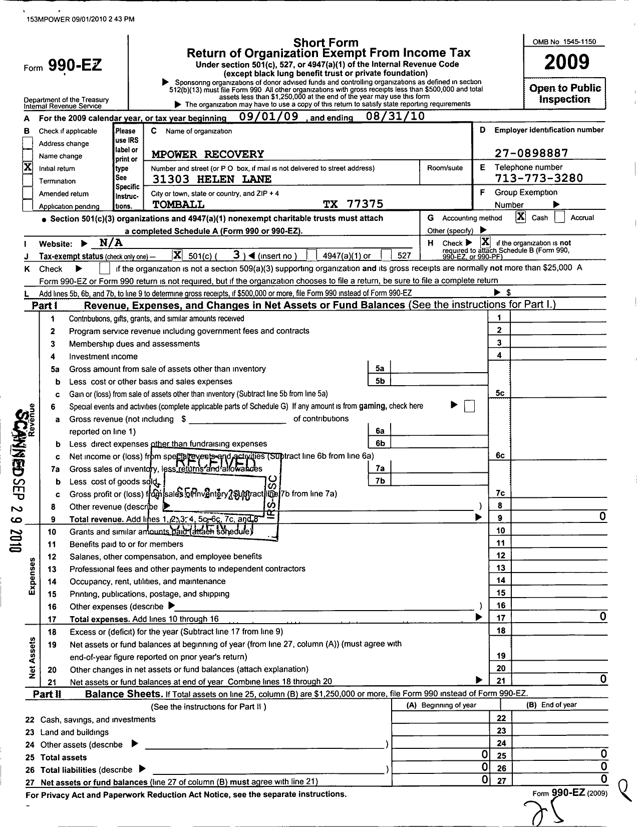 Image of first page of 2009 Form 990EZ for Mpower Recovery