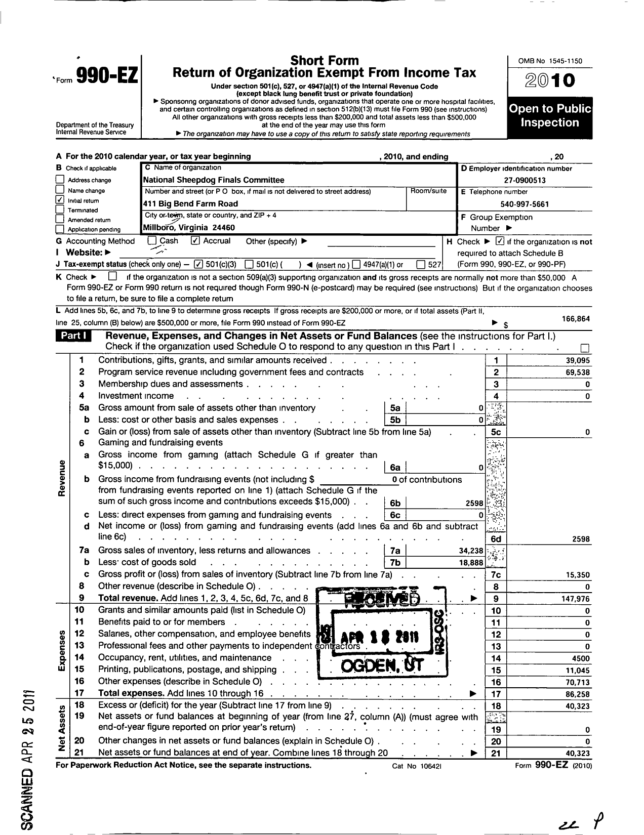 Image of first page of 2010 Form 990EZ for National Sheepdog Finals Committee