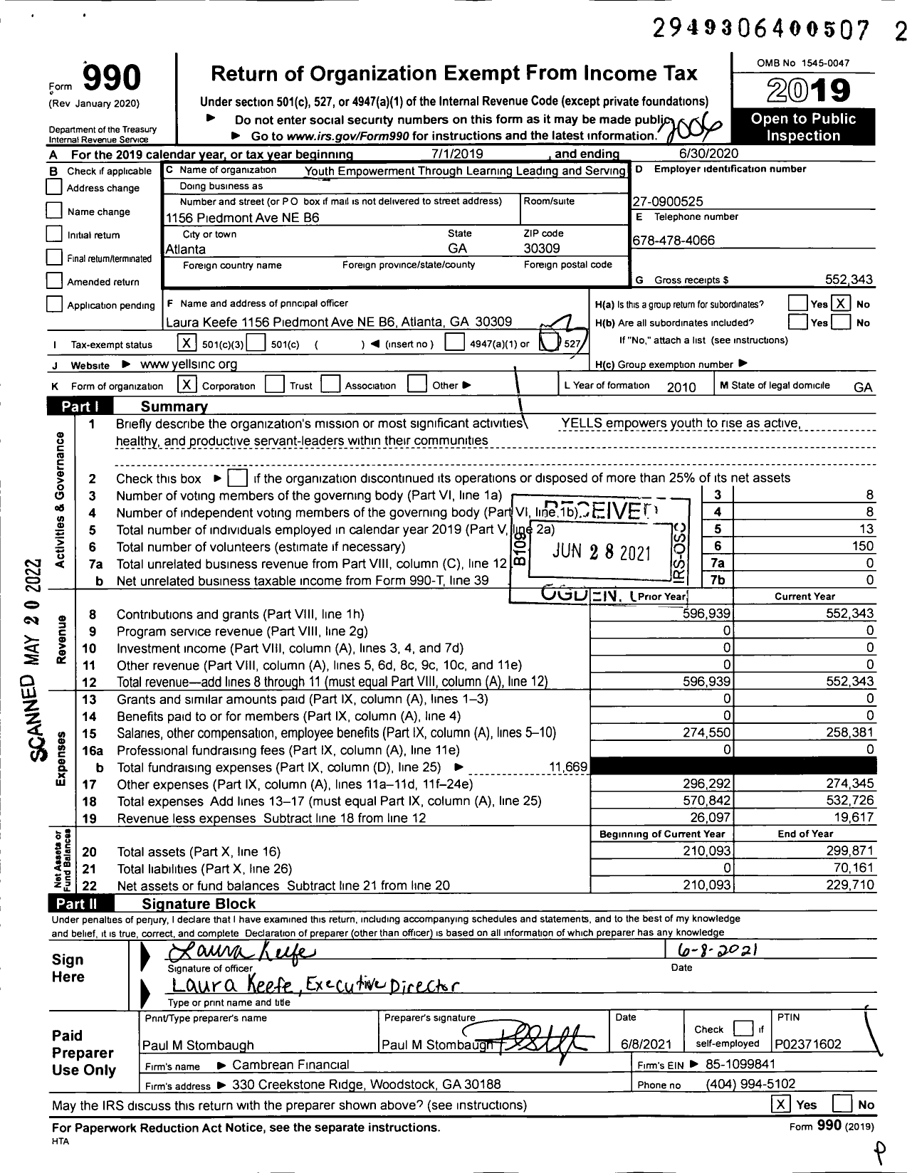 Image of first page of 2019 Form 990 for Youth Empowerment Through Learning Leading and Serving (YELLS)