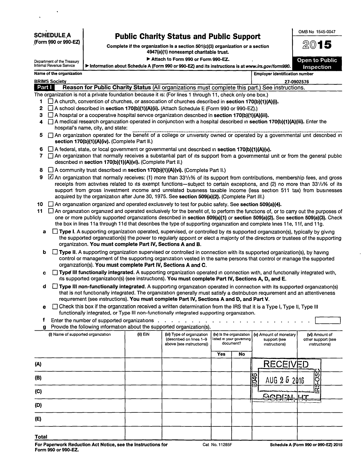 Image of first page of 2015 Form 990ER for Brims Society
