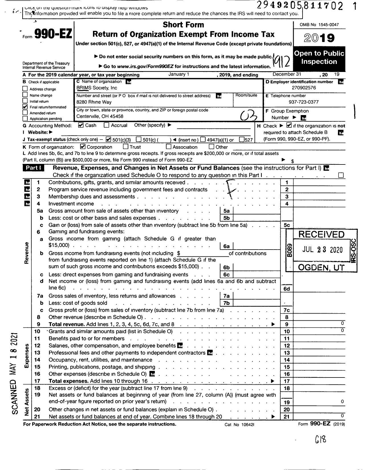 Image of first page of 2019 Form 990EZ for Brims Society