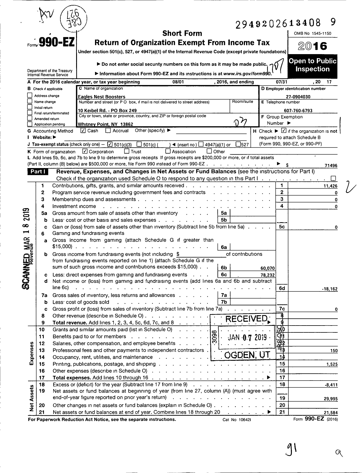 Image of first page of 2016 Form 990EZ for Eagles Nest Boosters