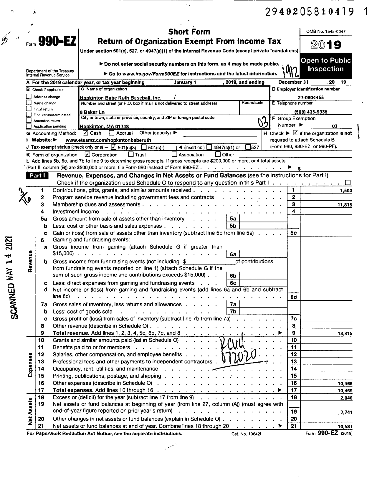 Image of first page of 2019 Form 990EZ for Hopkinton Babe Ruth Baseball