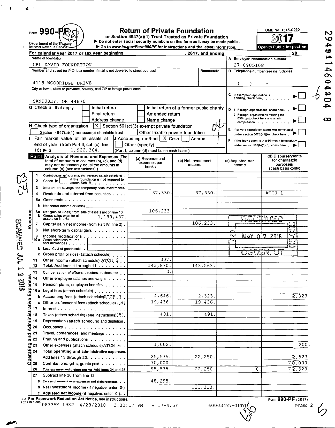 Image of first page of 2017 Form 990PF for CRL David Foundation