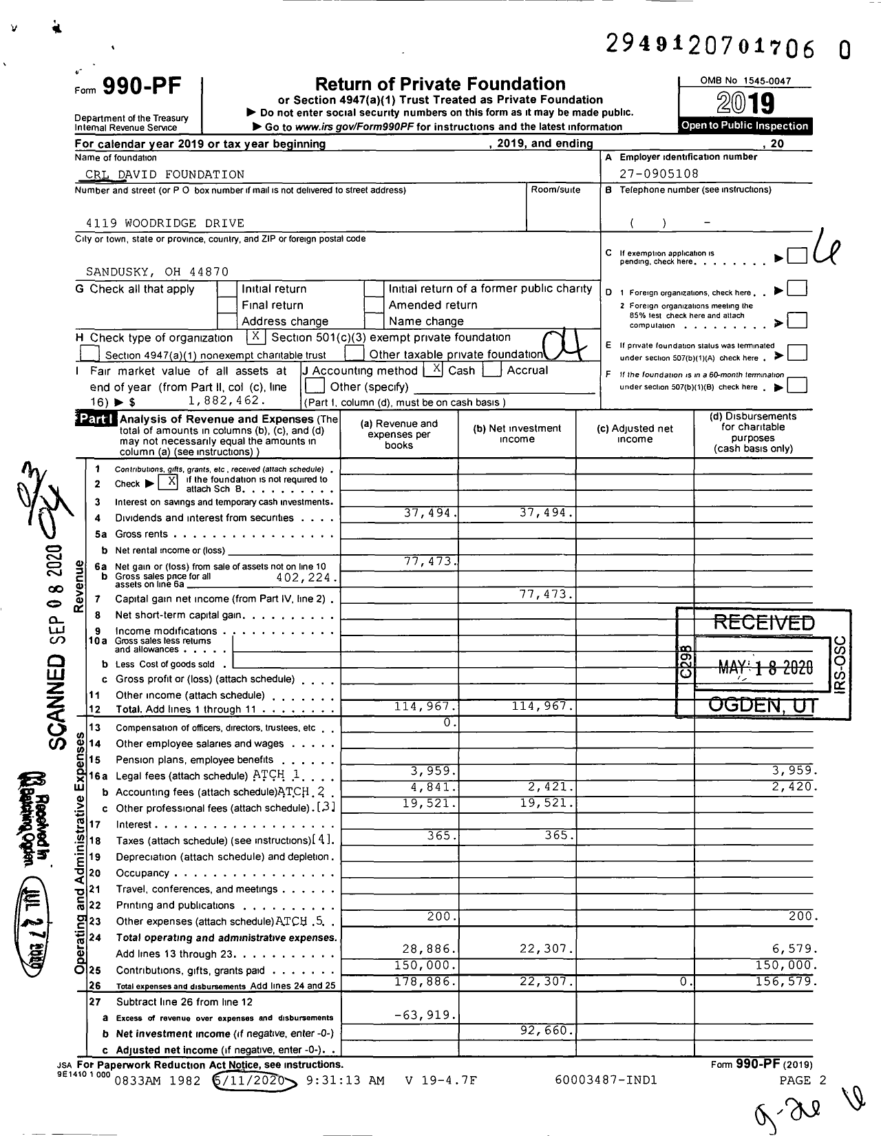 Image of first page of 2019 Form 990PR for CRL David Foundation