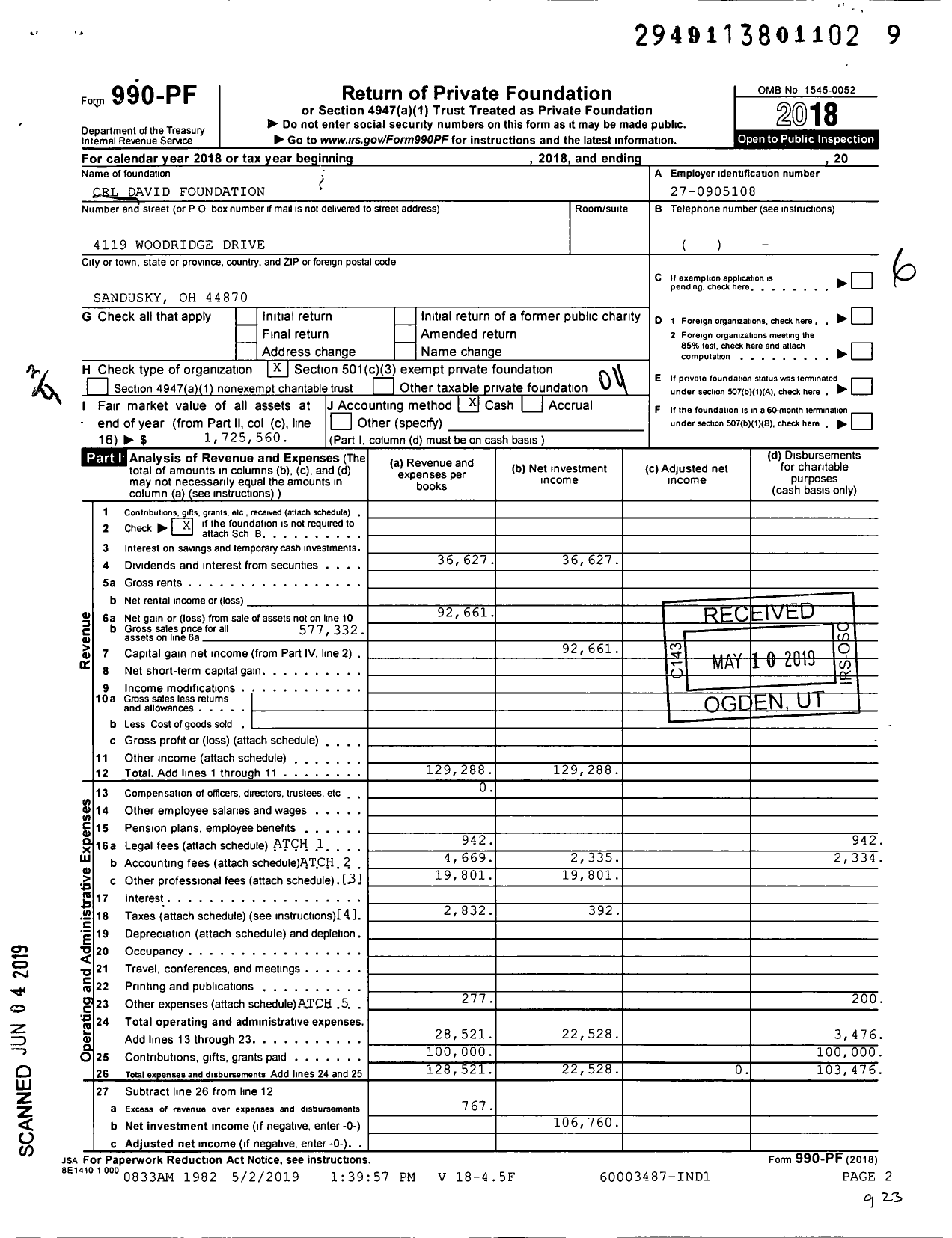 Image of first page of 2018 Form 990PF for CRL David Foundation