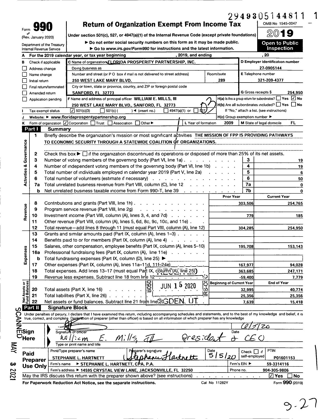 Image of first page of 2019 Form 990 for Florida Prosperity Partnership