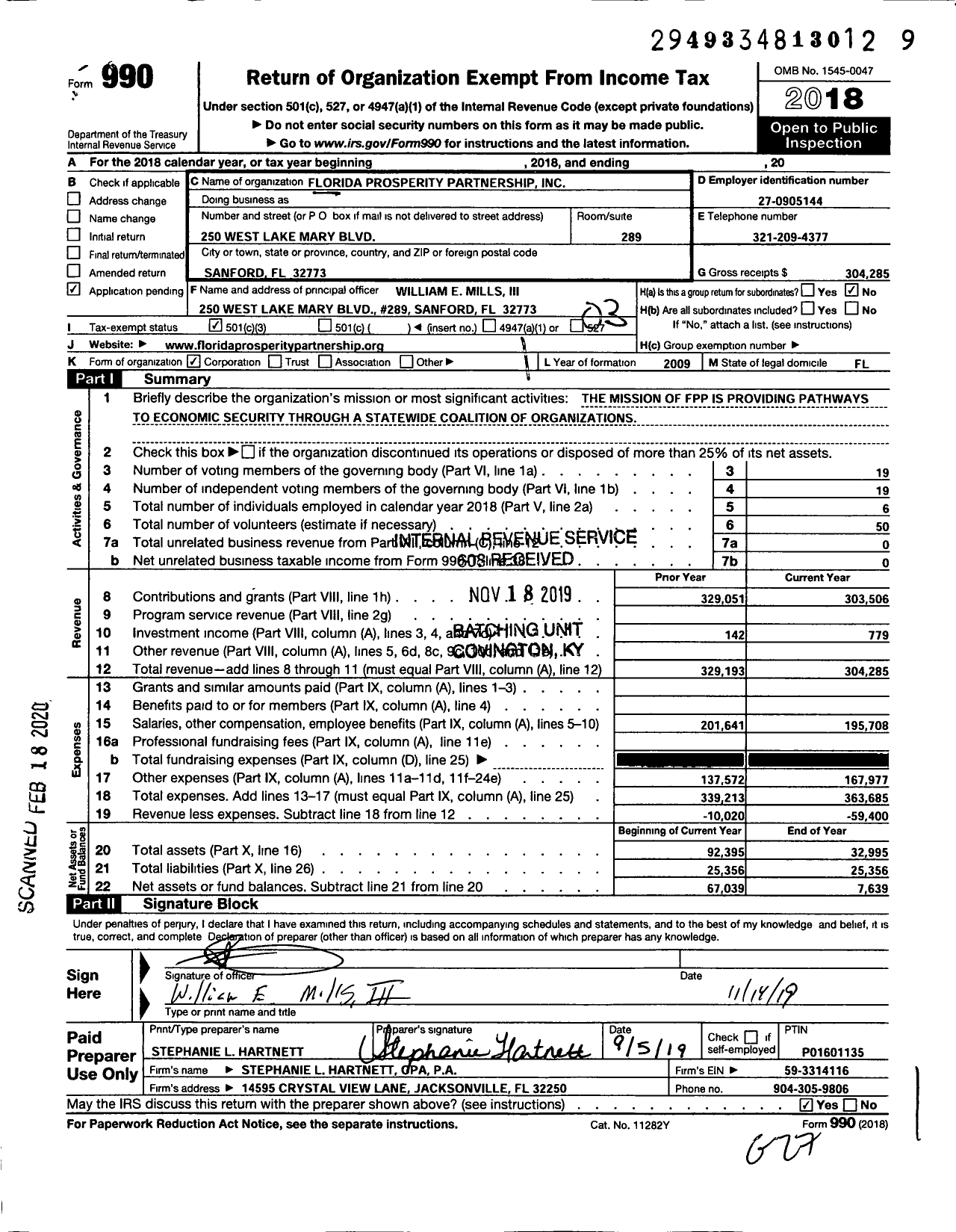 Image of first page of 2018 Form 990 for Florida Prosperity Partnership