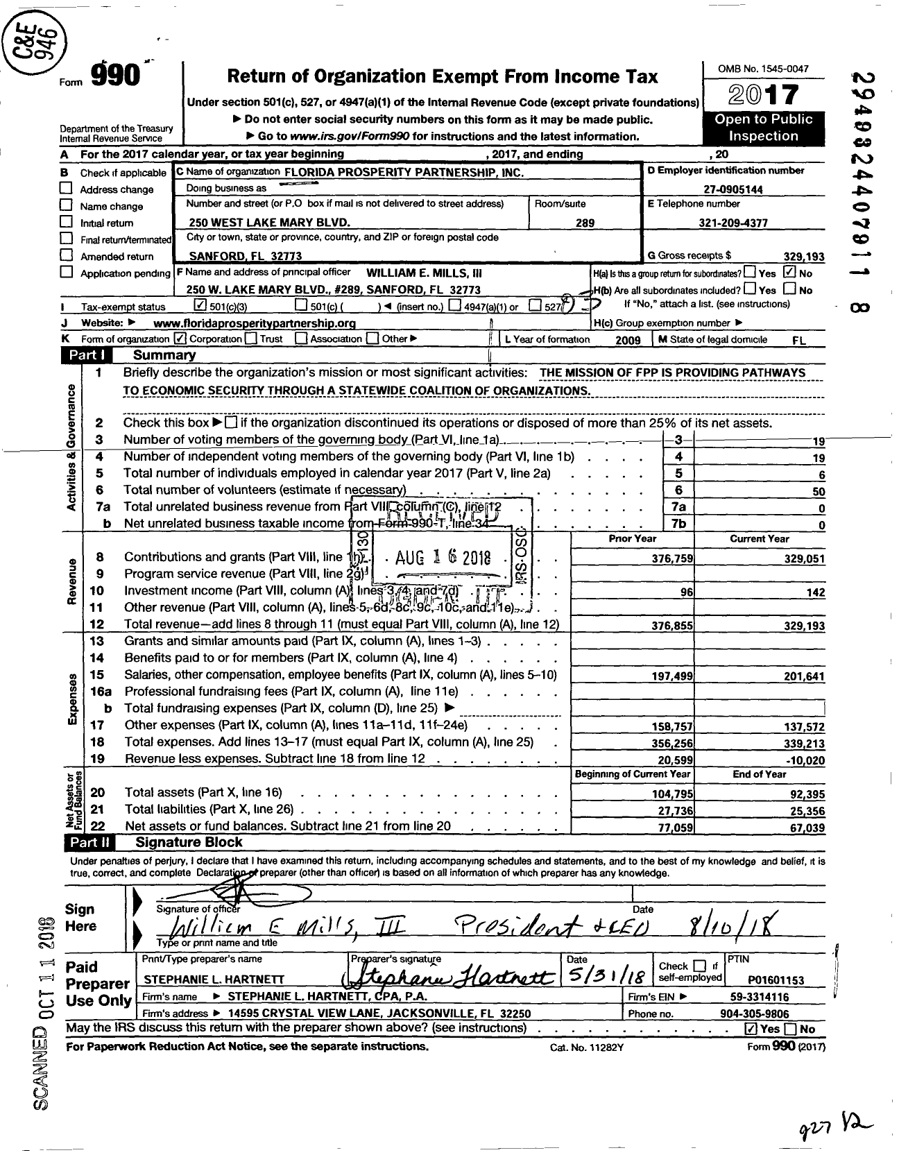 Image of first page of 2017 Form 990 for Florida Prosperity Partnership