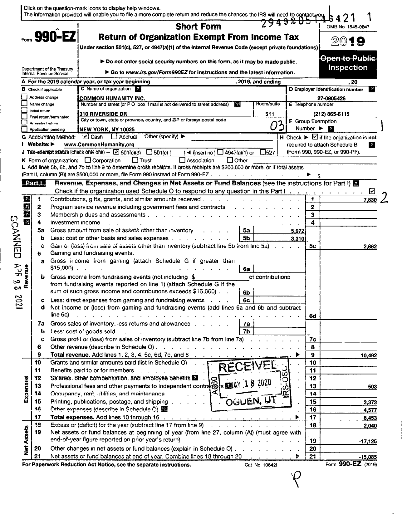 Image of first page of 2019 Form 990EZ for Common Humanity