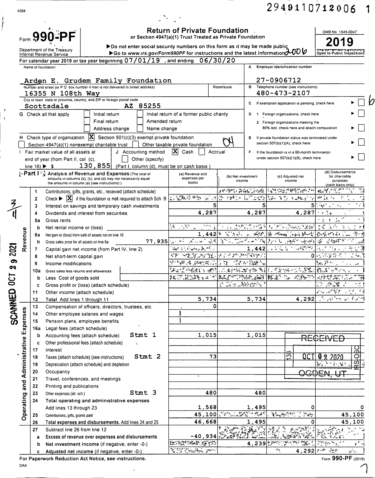 Image of first page of 2019 Form 990PF for Arden E Grudem Family Foundation