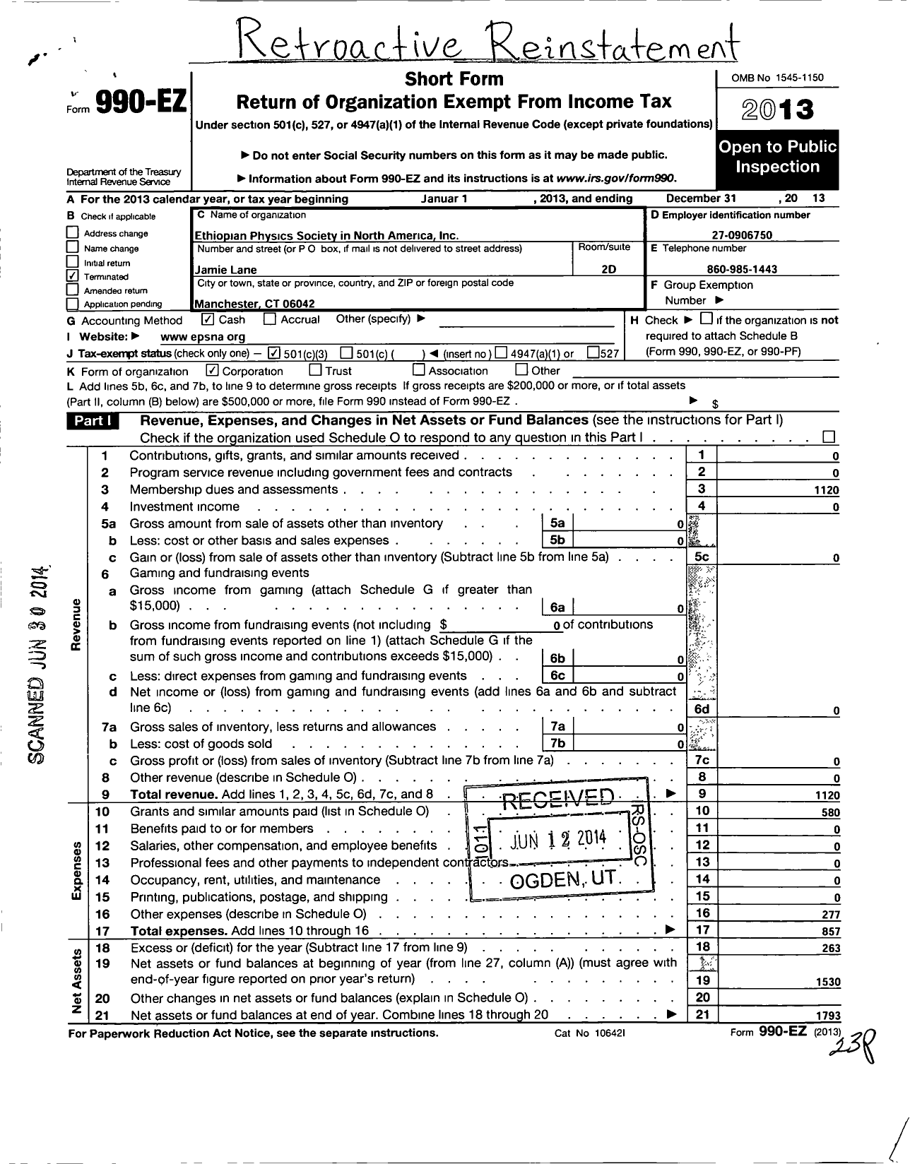 Image of first page of 2013 Form 990EZ for Ethiopian Physics Society in North America - Incorporated