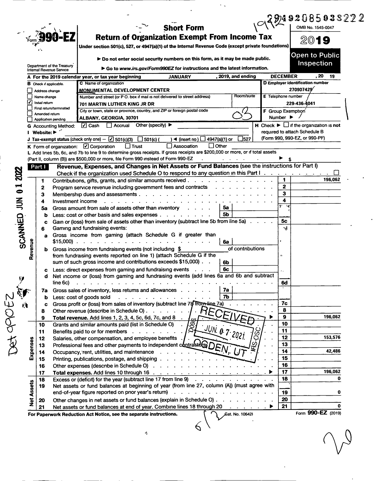 Image of first page of 2019 Form 990EZ for Monumental Development Center