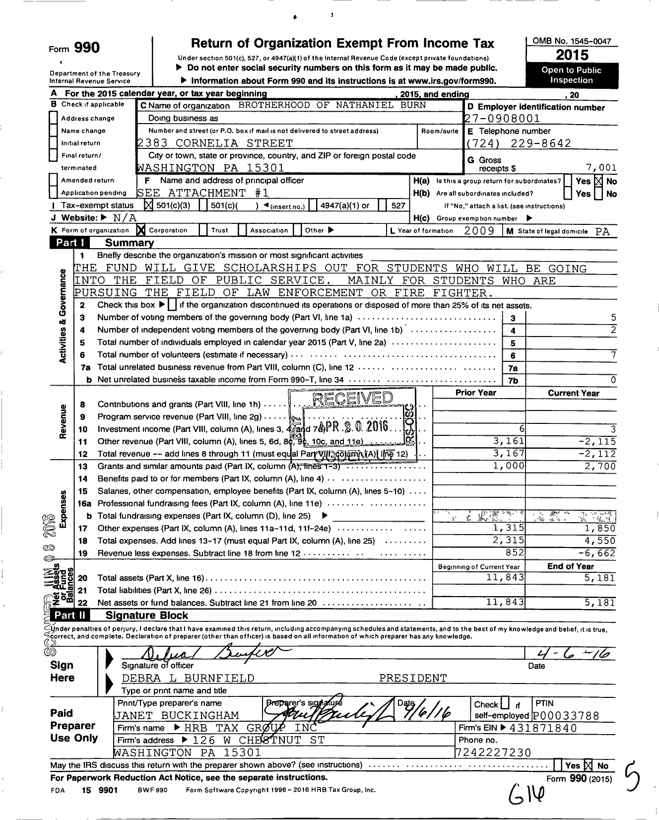 Image of first page of 2015 Form 990 for Brotherhood of Nathaniel Burnfield