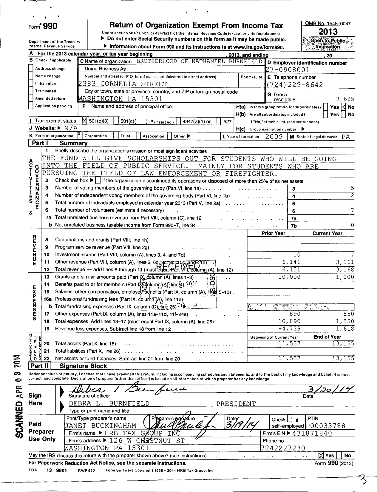 Image of first page of 2013 Form 990 for Brotherhood of Nathaniel Burnfield