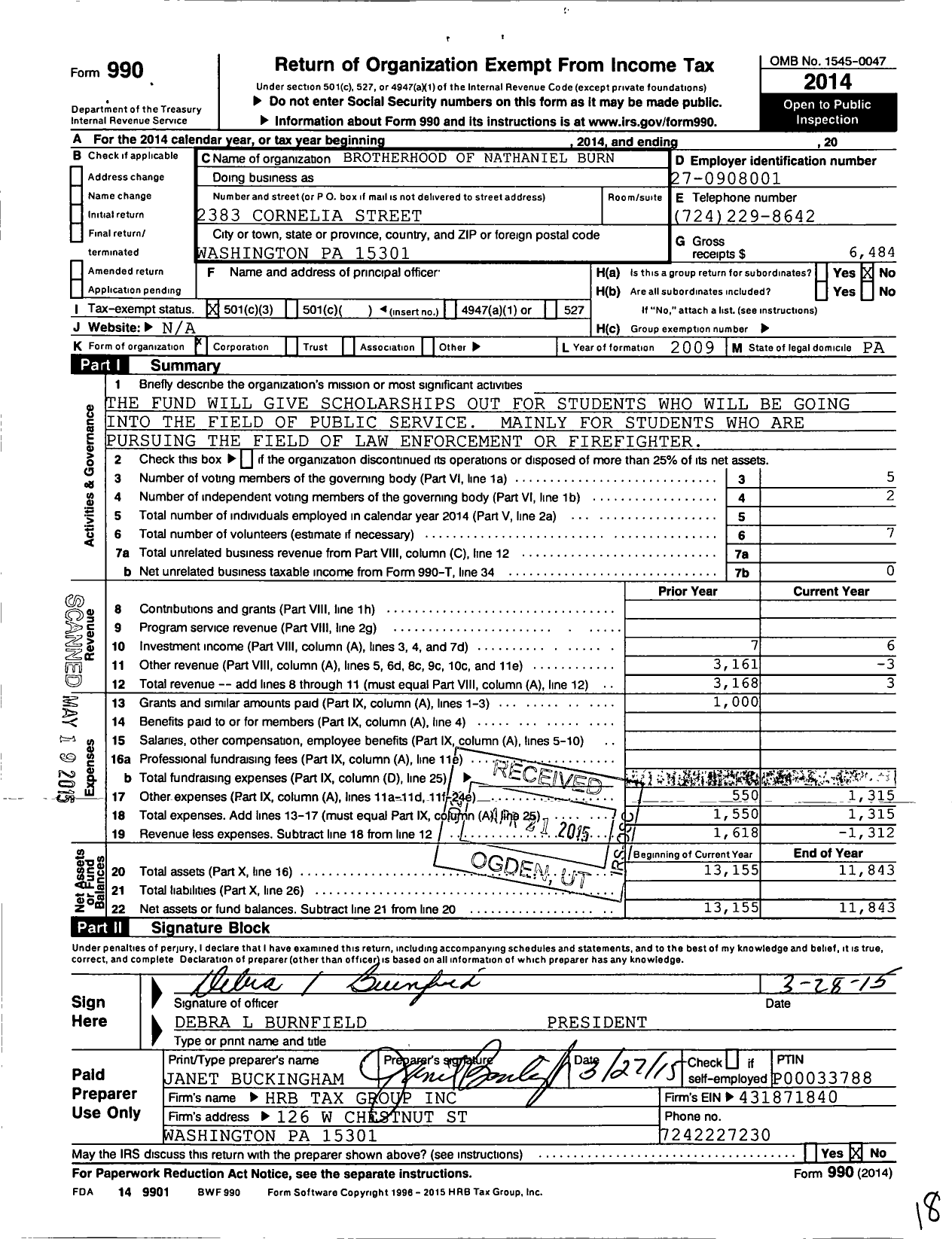 Image of first page of 2014 Form 990 for Brotherhood of Nathaniel Burnfield