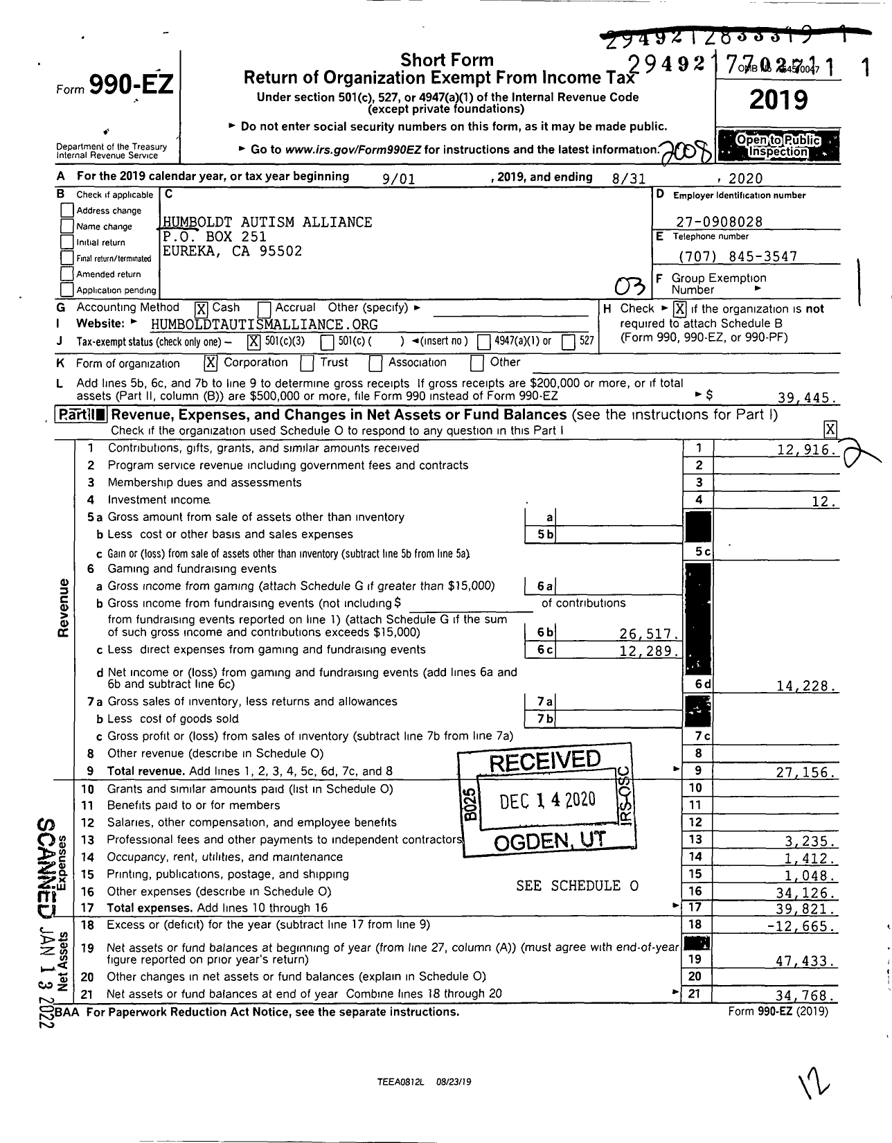 Image of first page of 2019 Form 990EZ for Humboldt Autism Alliance