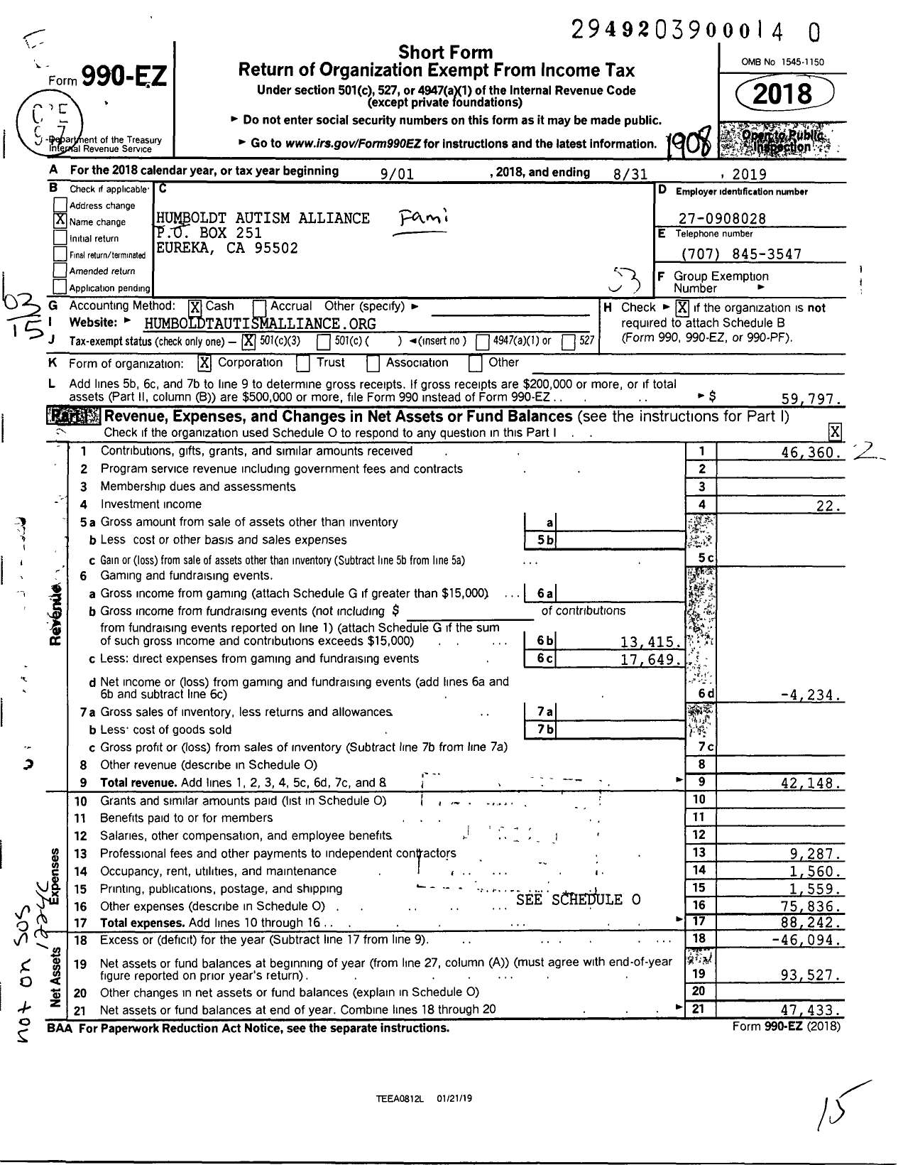 Image of first page of 2018 Form 990EZ for Humboldt Autism Alliance