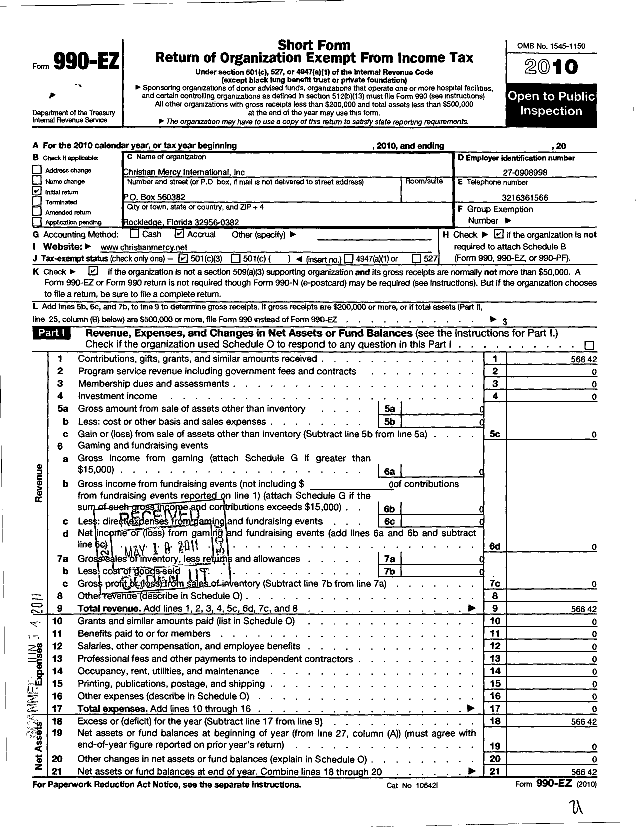 Image of first page of 2010 Form 990EZ for Christian Mercy International Incorporation