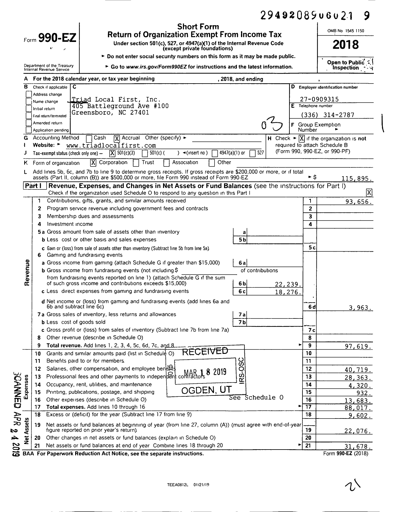 Image of first page of 2018 Form 990EZ for Triad Local First