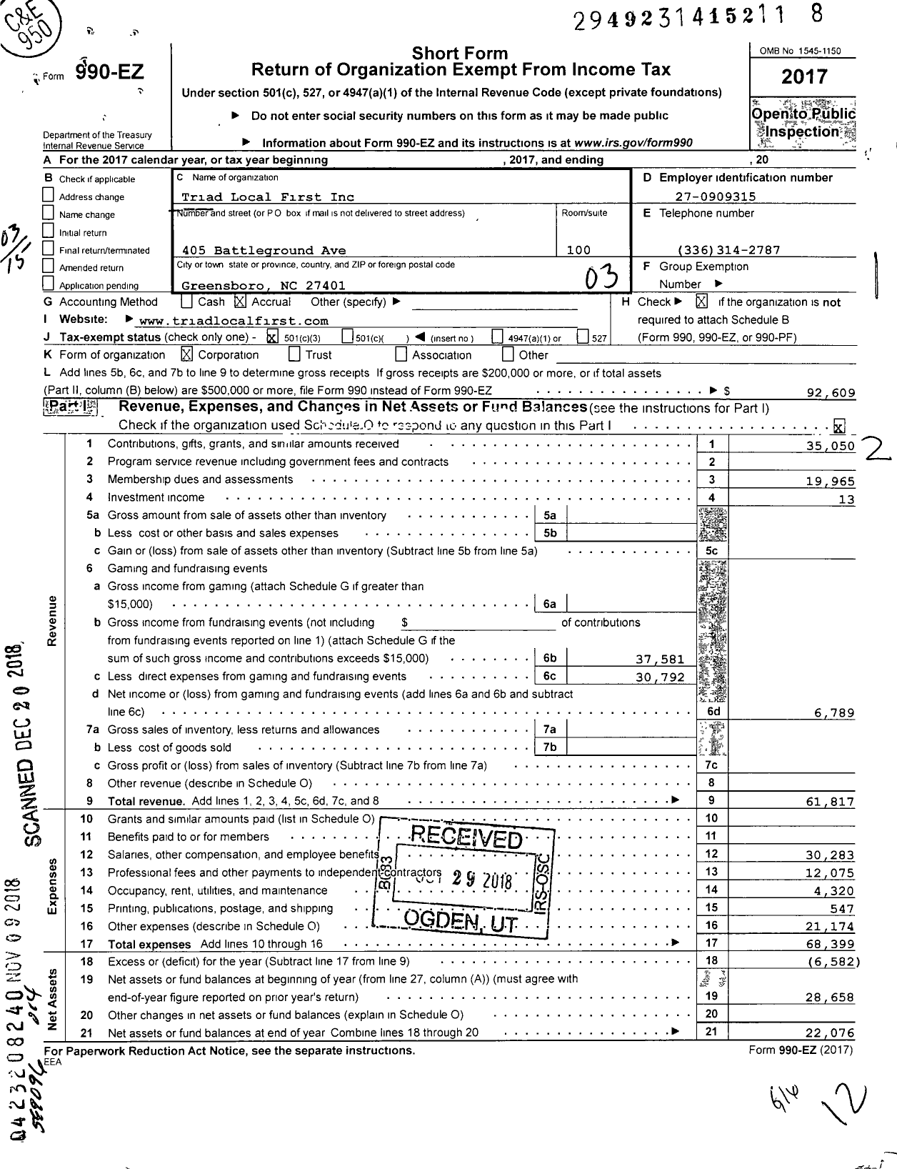 Image of first page of 2017 Form 990EZ for Triad Local First