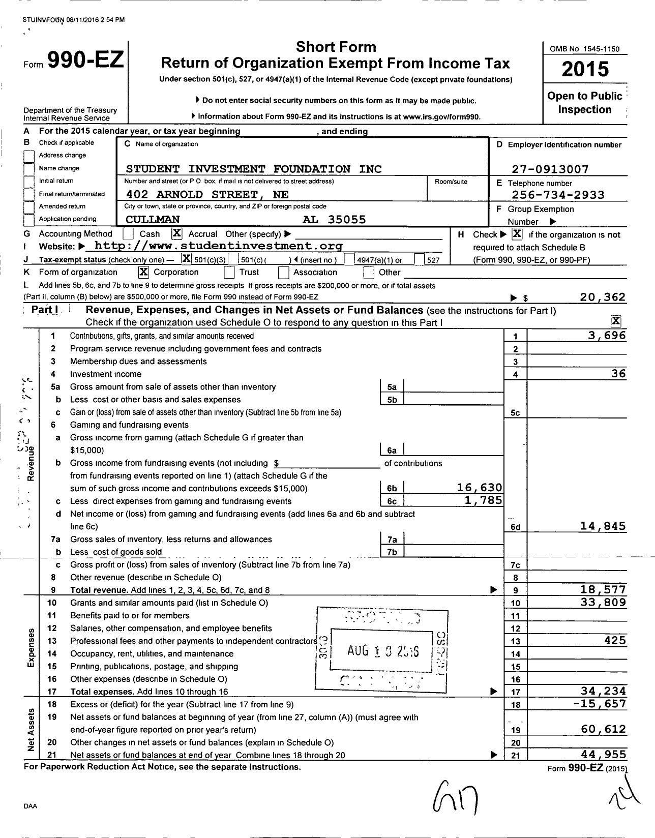 Image of first page of 2015 Form 990EZ for Student Investment Foundation Incorporation