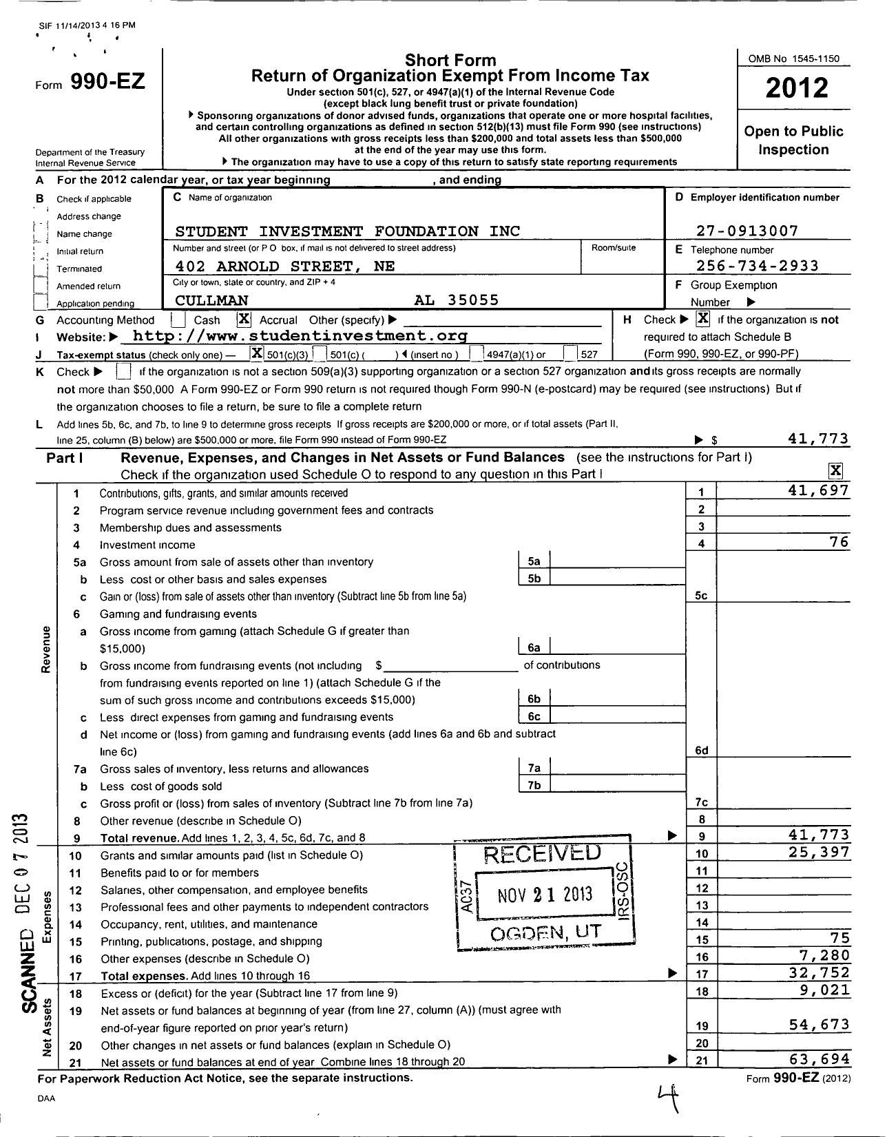 Image of first page of 2012 Form 990EZ for Student Investment Foundation Incorporation