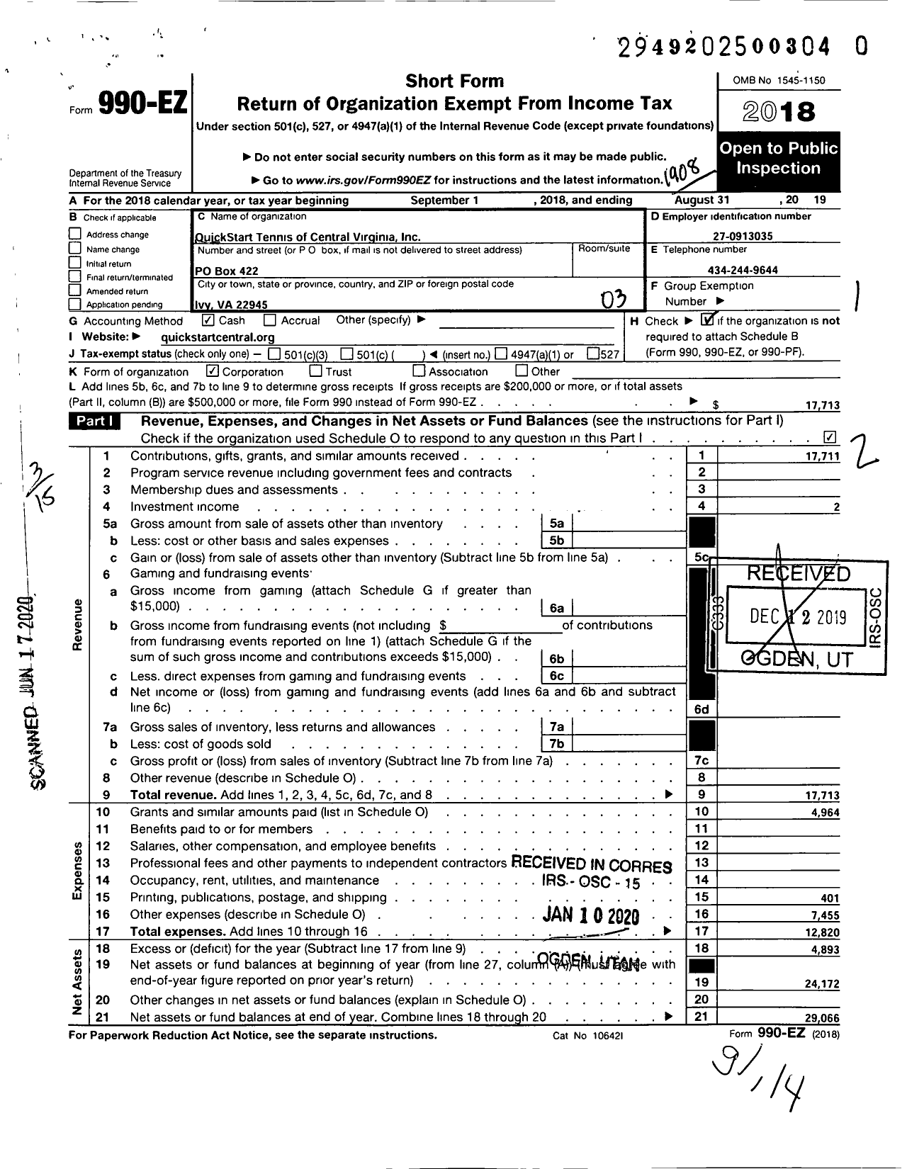 Image of first page of 2018 Form 990EZ for Quickstart Tennis of Central Virginia