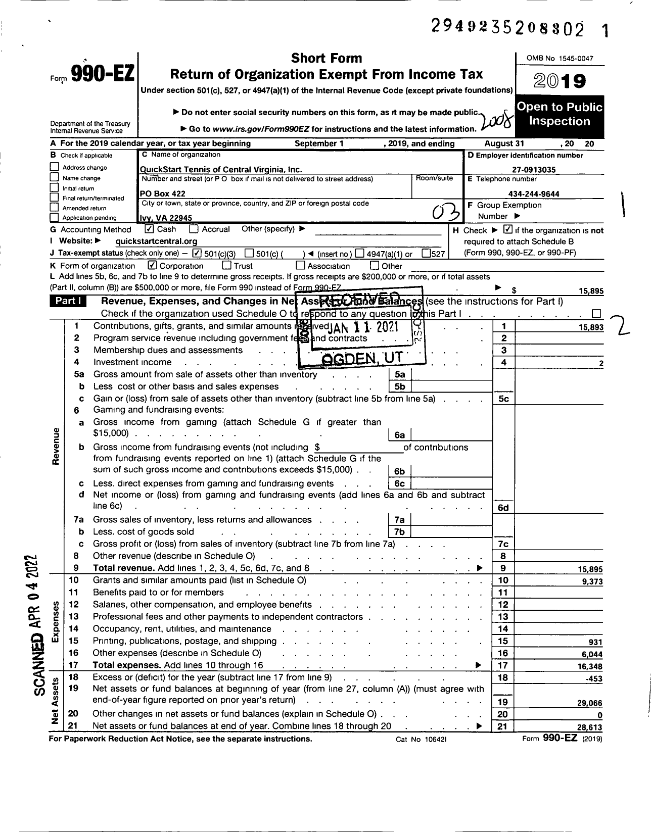 Image of first page of 2019 Form 990EZ for Quickstart Tennis of Central Virginia