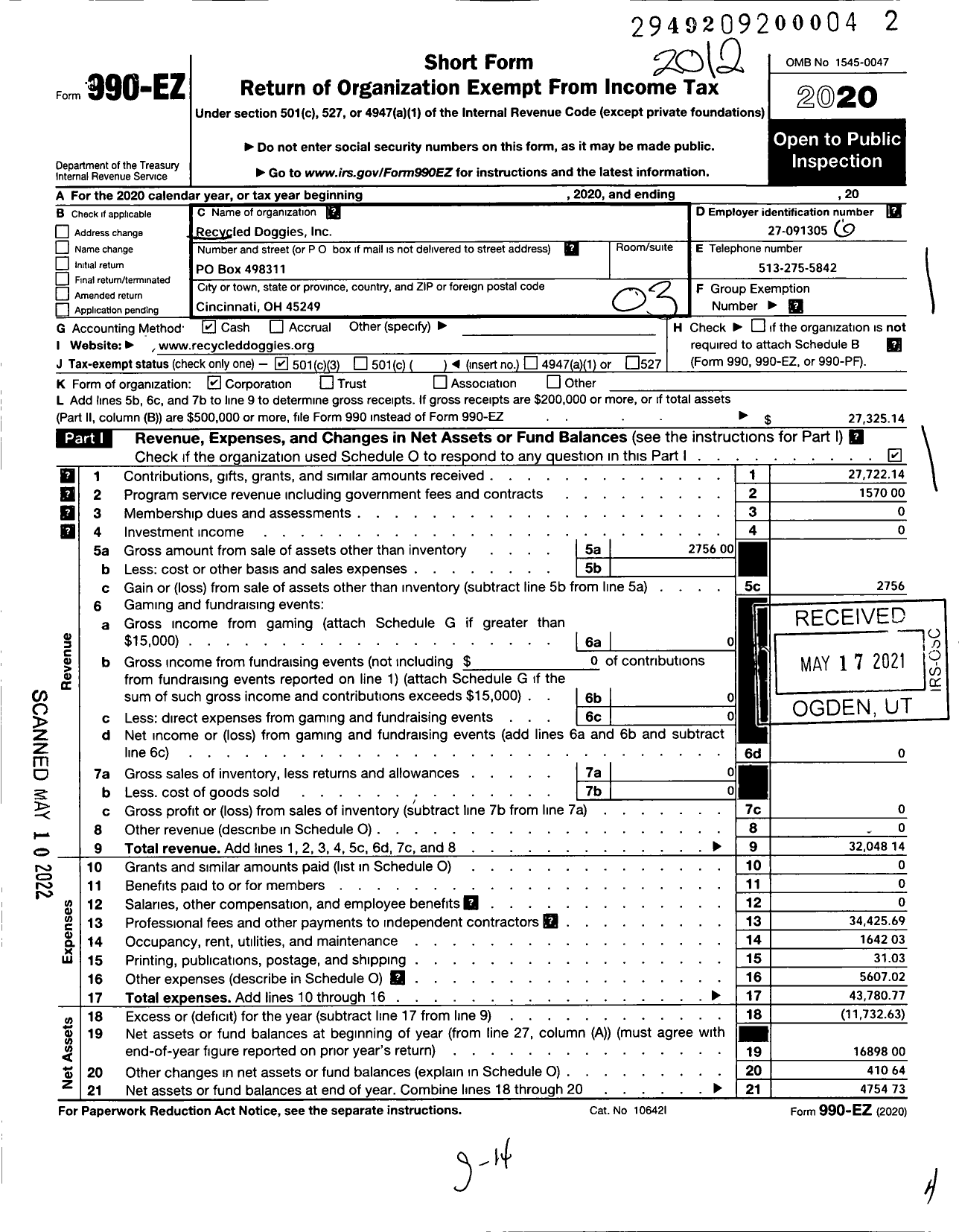 Image of first page of 2020 Form 990EZ for Recycled Doggies