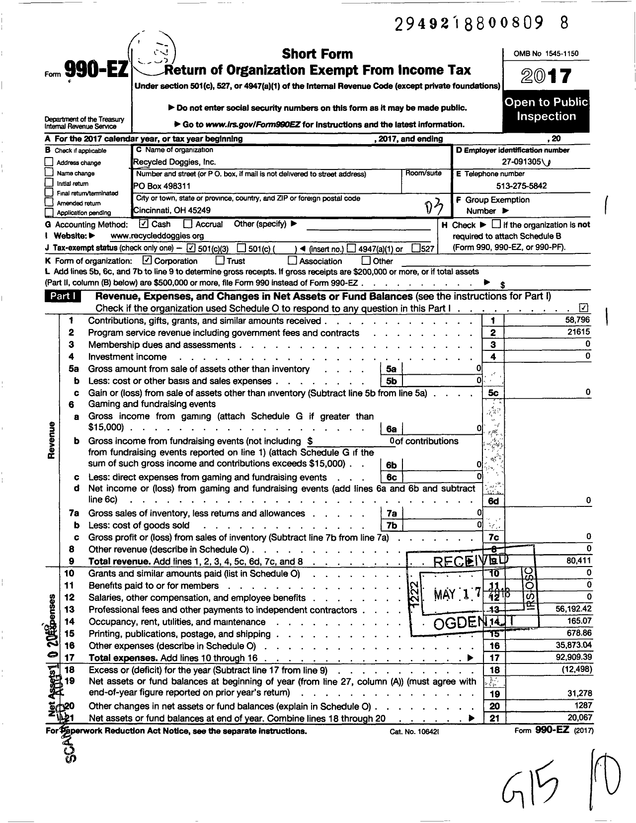 Image of first page of 2017 Form 990EZ for Recycled Doggies