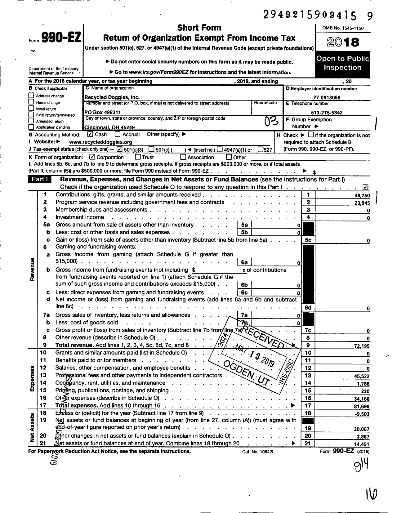 Image of first page of 2018 Form 990EZ for Recycled Doggies