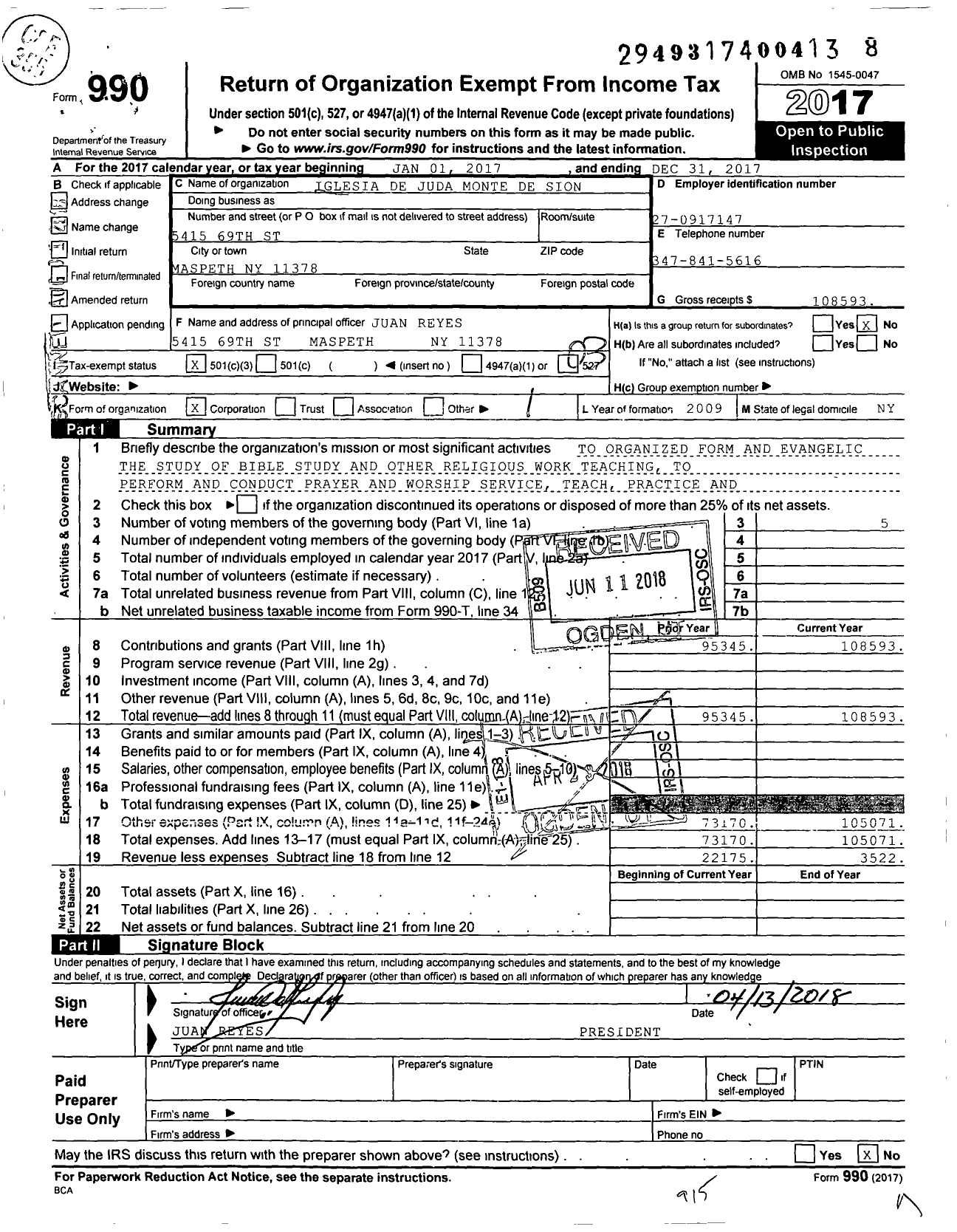 Image of first page of 2017 Form 990 for Iglesia de Juda Monte de Sion