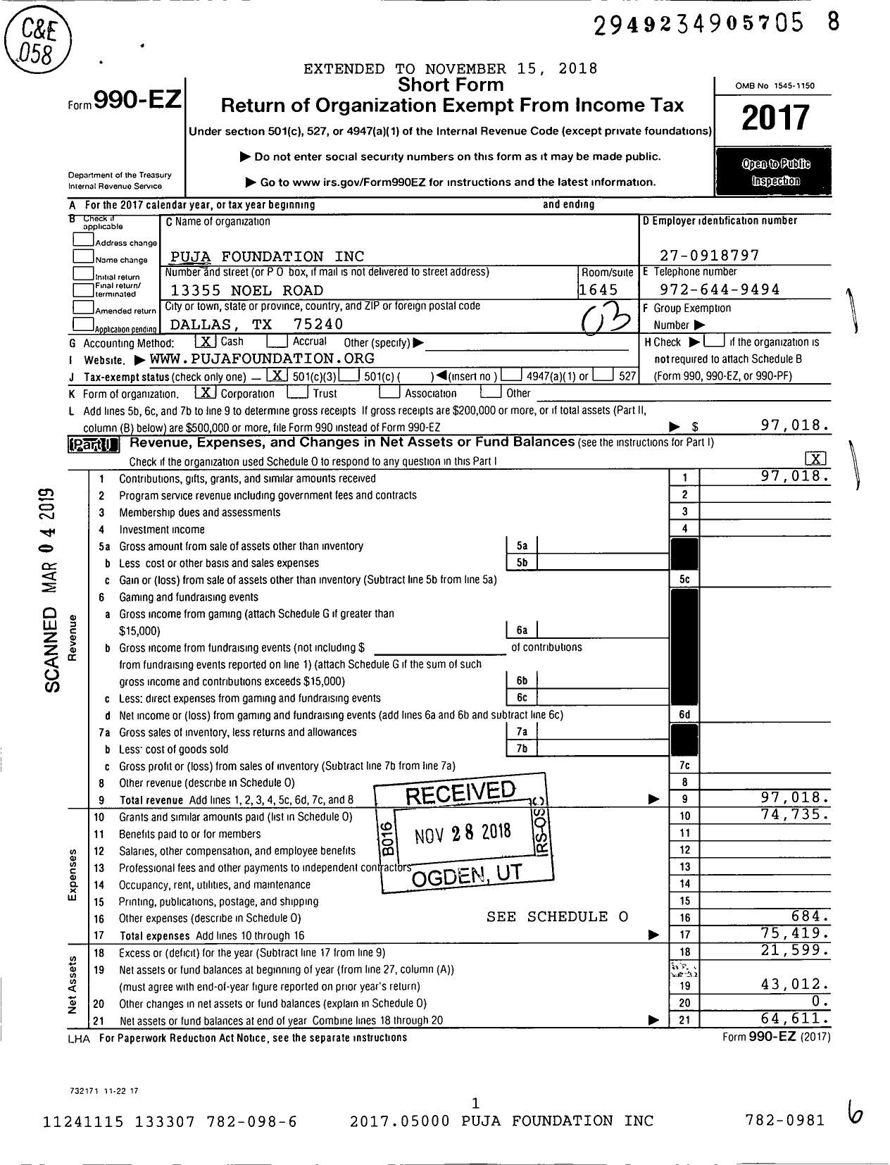 Image of first page of 2017 Form 990EZ for Puja Foundation