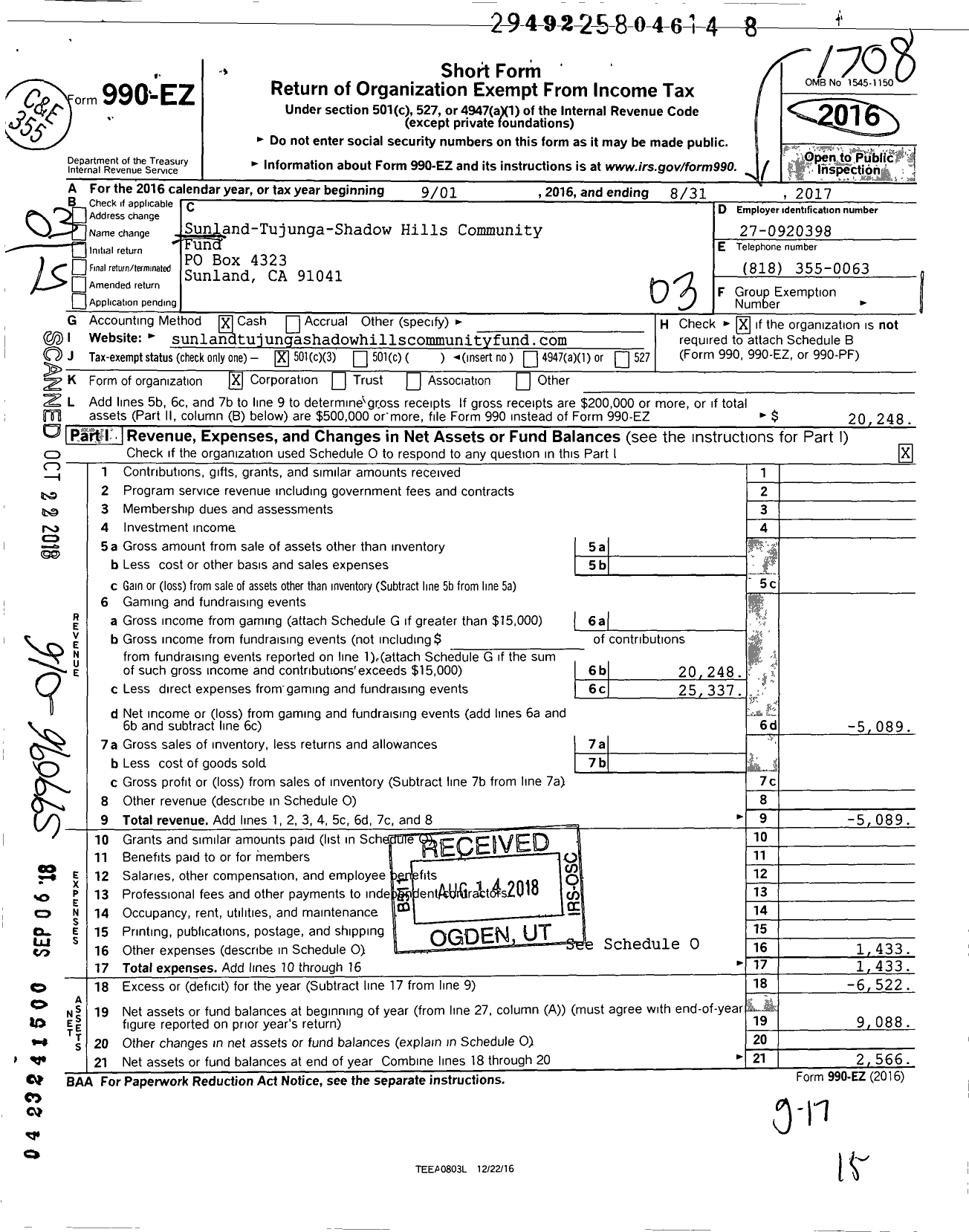 Image of first page of 2016 Form 990EZ for Sunland-Tujunga-Shadow Hills Community Fund