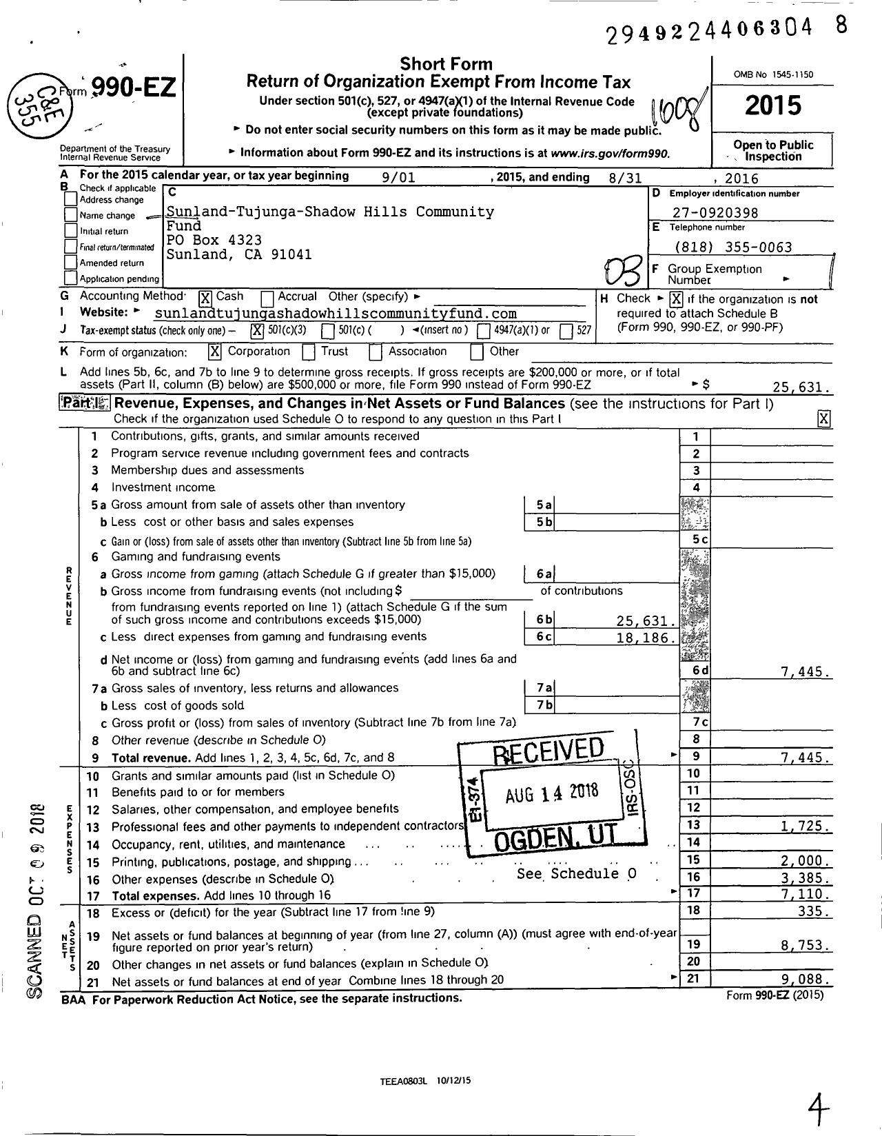 Image of first page of 2015 Form 990EZ for Sunland-Tujunga-Shadow Hills Community Fund